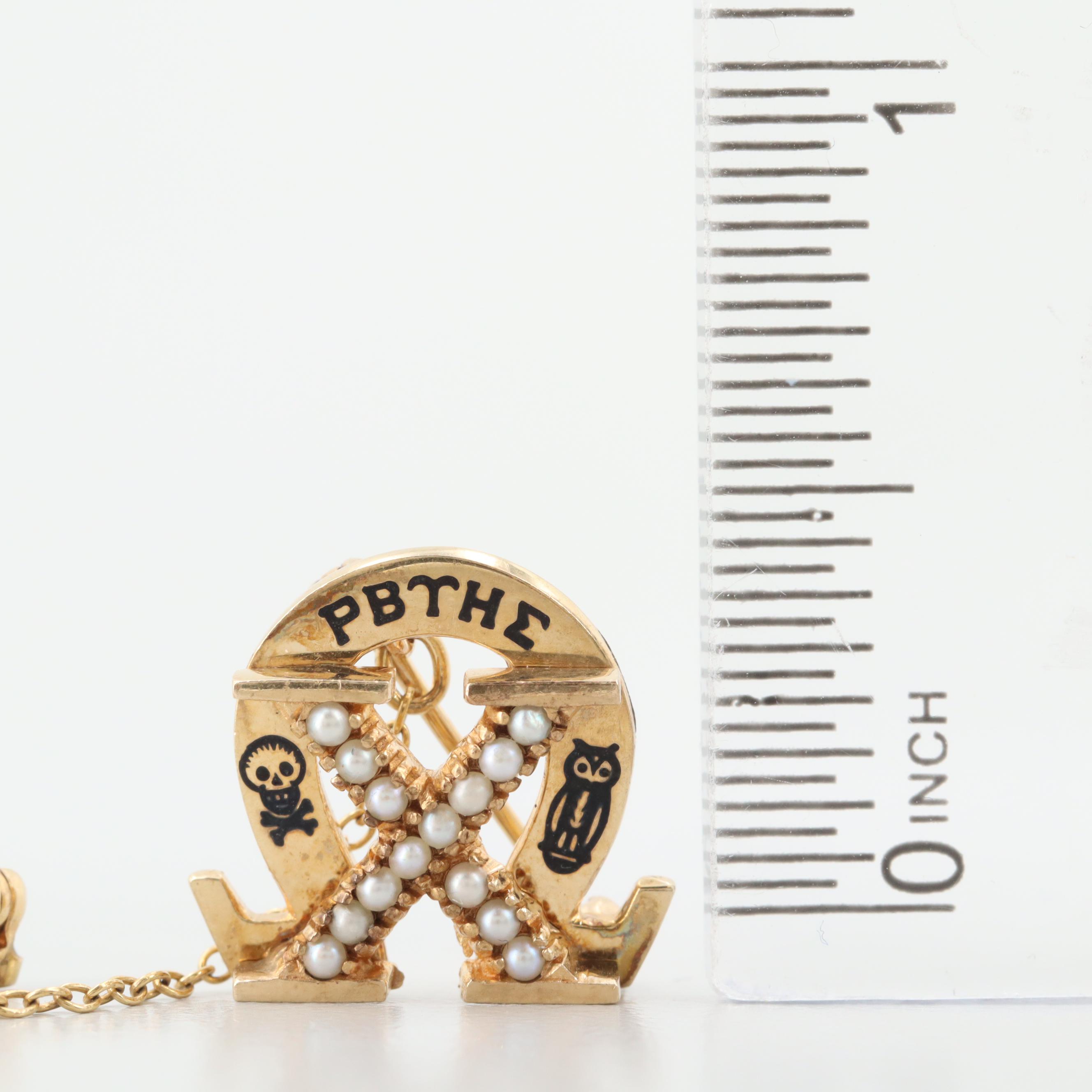 Vintage 10K Yellow Gold Chi Omega Sorority Badge with Cultured Pearls and Enamel