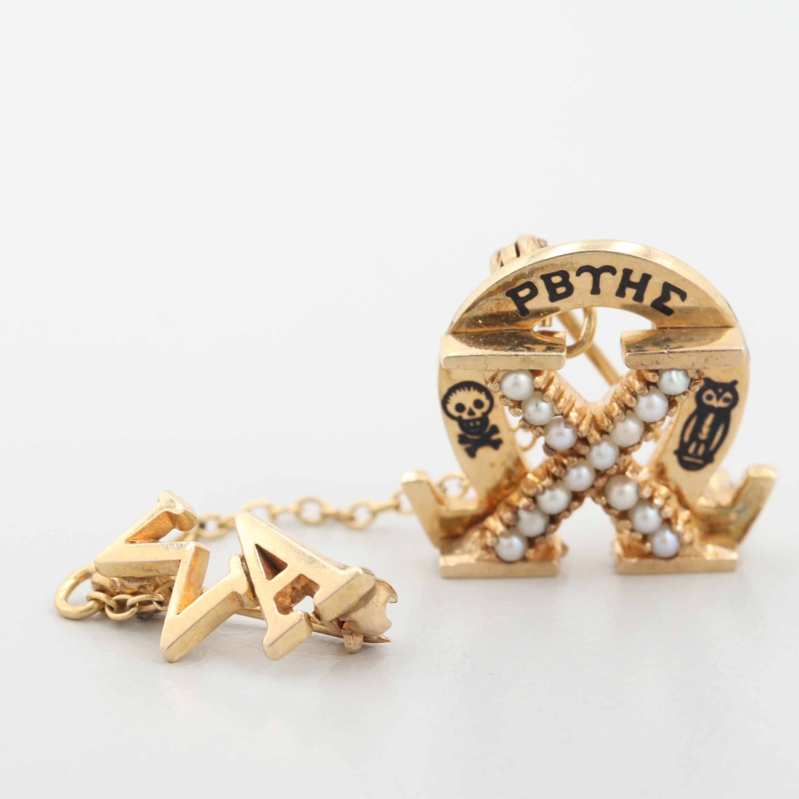 Vintage 10K Yellow Gold Chi Omega Sorority Badge with Cultured Pearls and Enamel