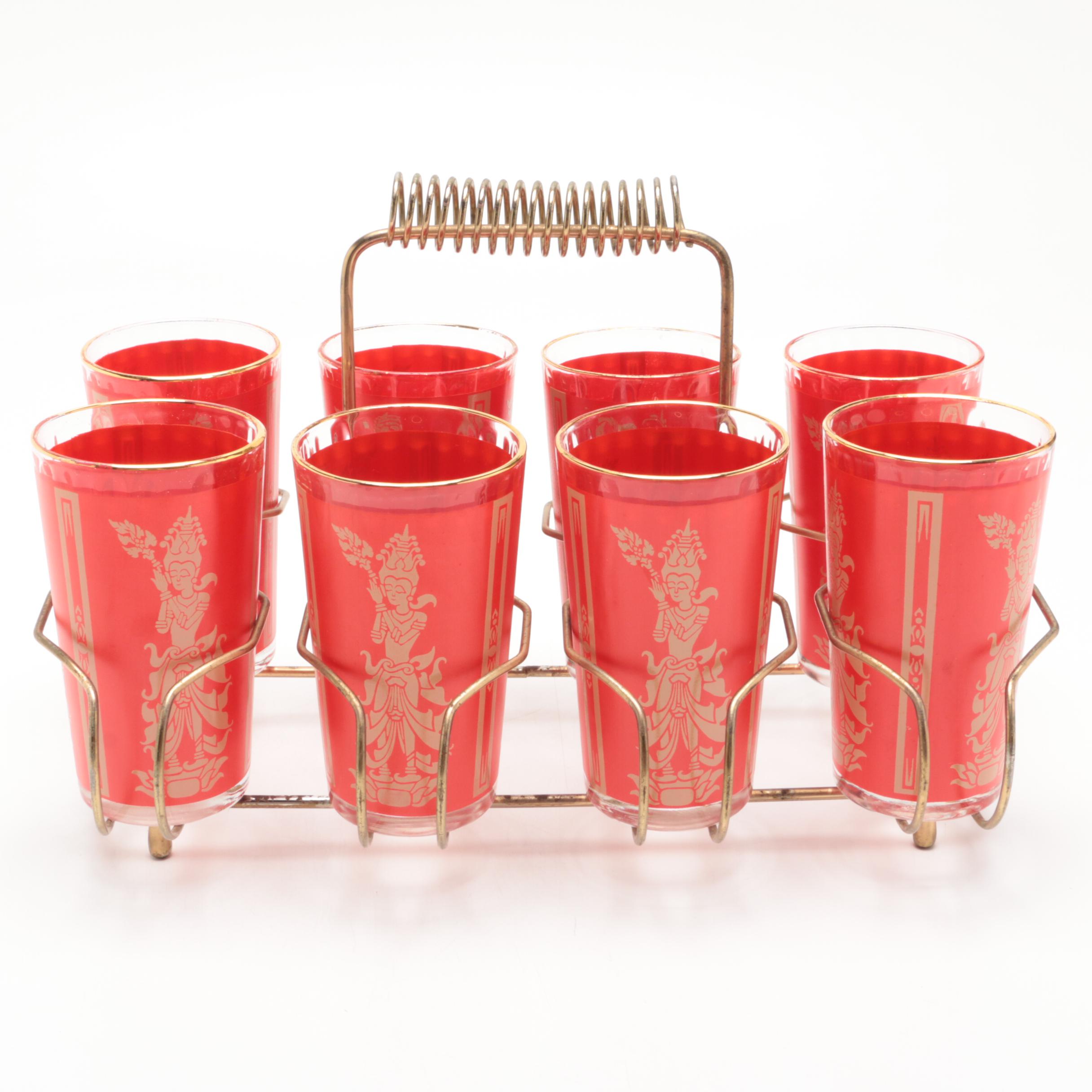 Federal Glass "Thai Lakorn Dancer" Cocktail Glasses in Wire Caddy, Mid-Century