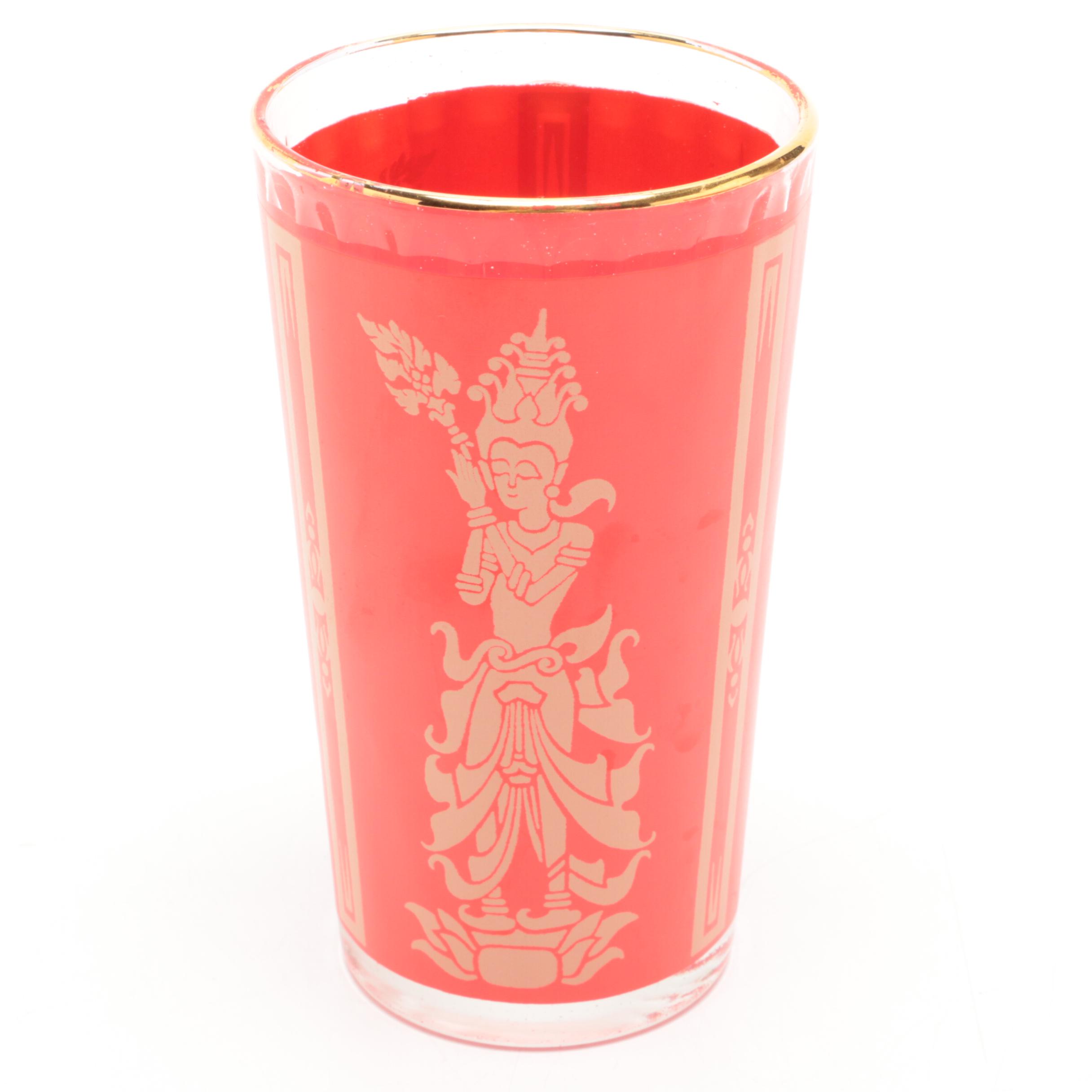 Federal Glass "Thai Lakorn Dancer" Cocktail Glasses in Wire Caddy, Mid-Century