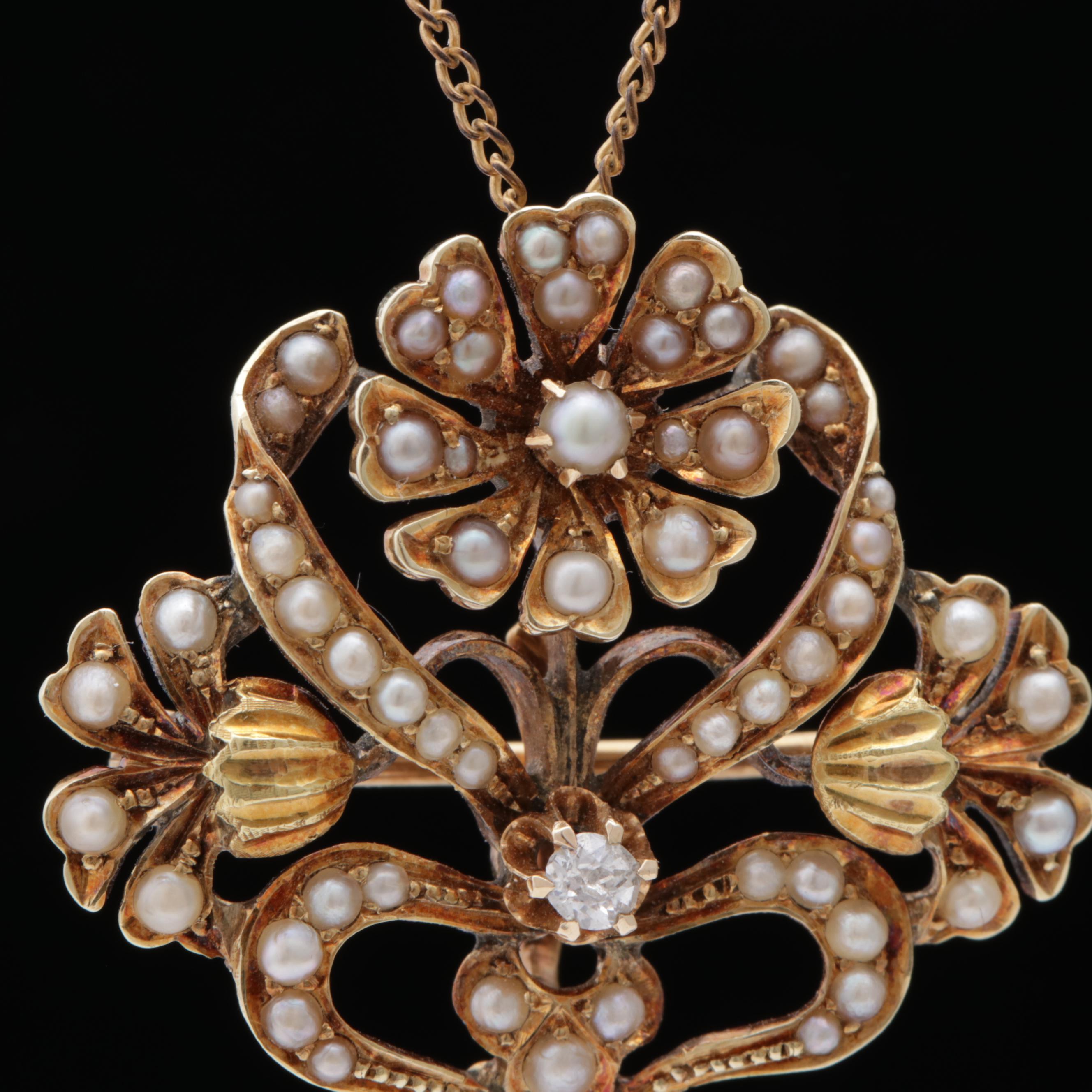 14K Yellow Gold Diamond and Seed Pearl Pendant Necklace