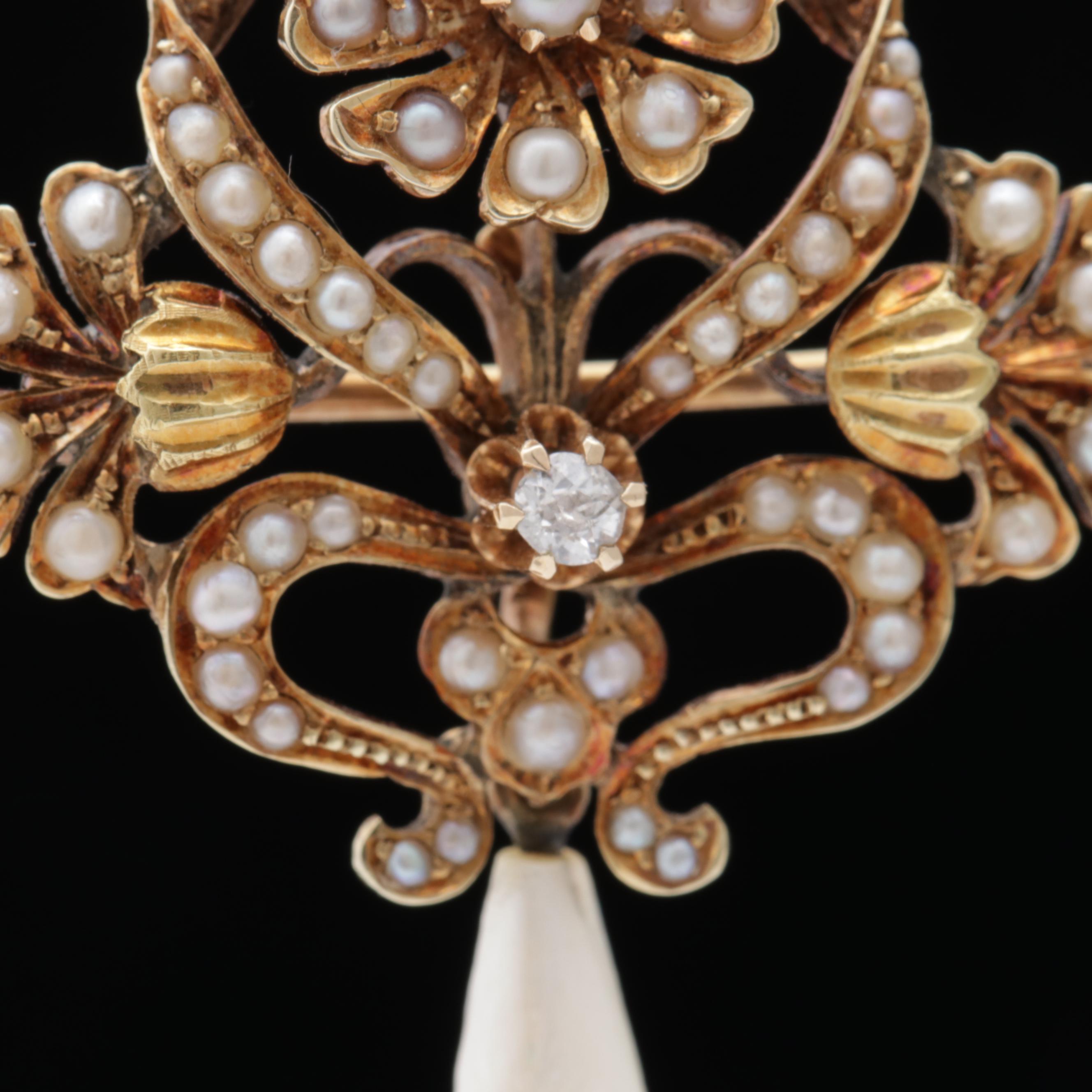 14K Yellow Gold Diamond and Seed Pearl Pendant Necklace