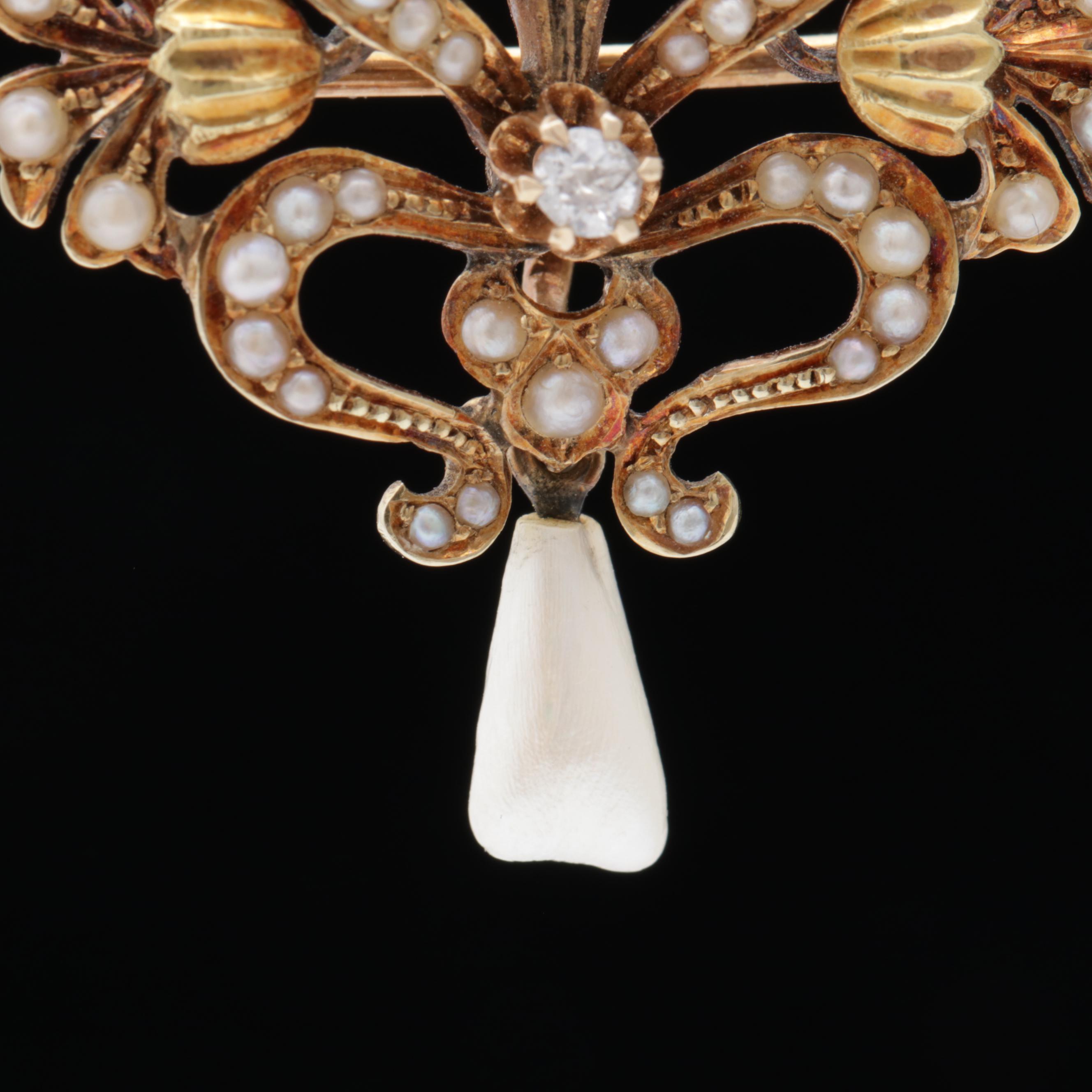 14K Yellow Gold Diamond and Seed Pearl Pendant Necklace