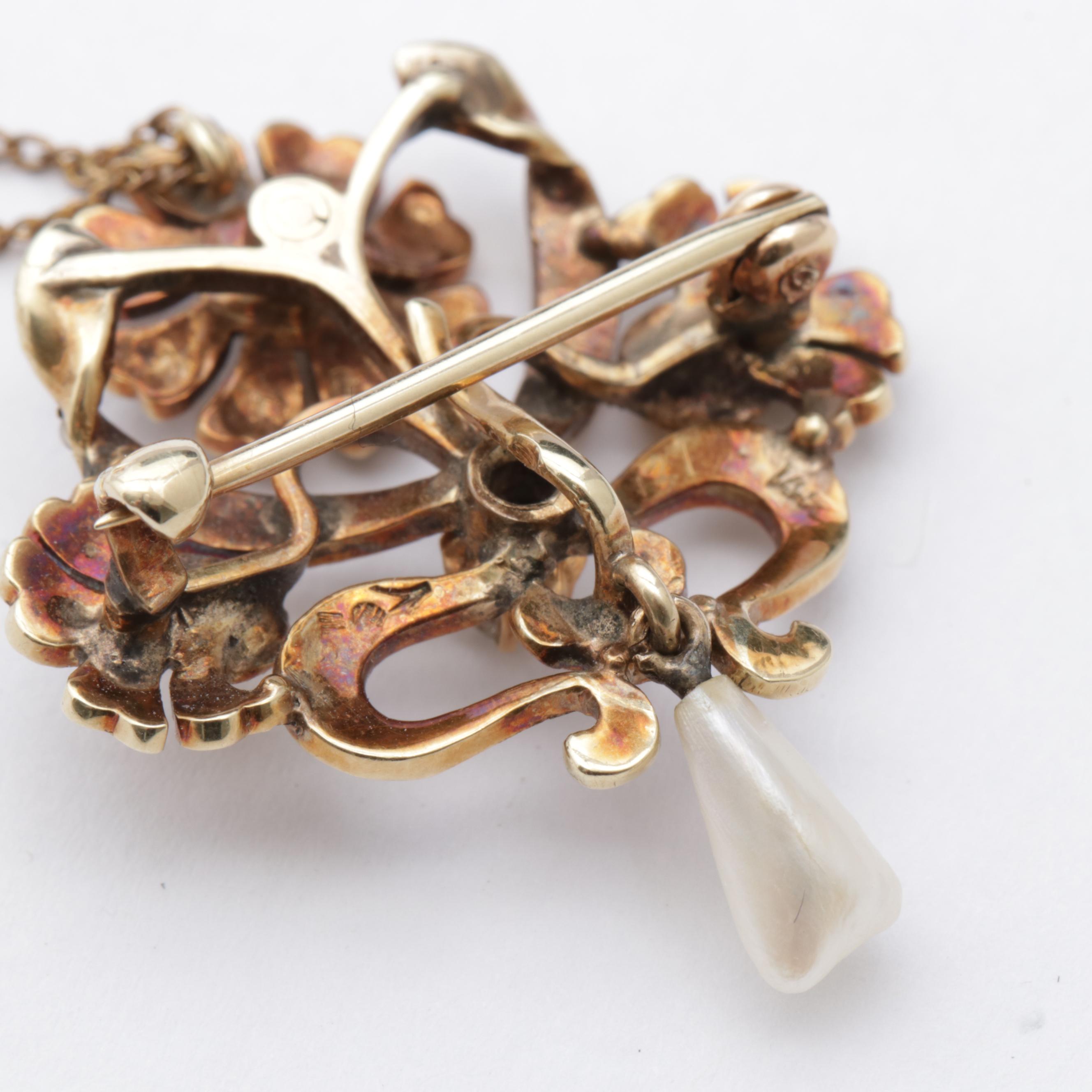 14K Yellow Gold Diamond and Seed Pearl Pendant Necklace