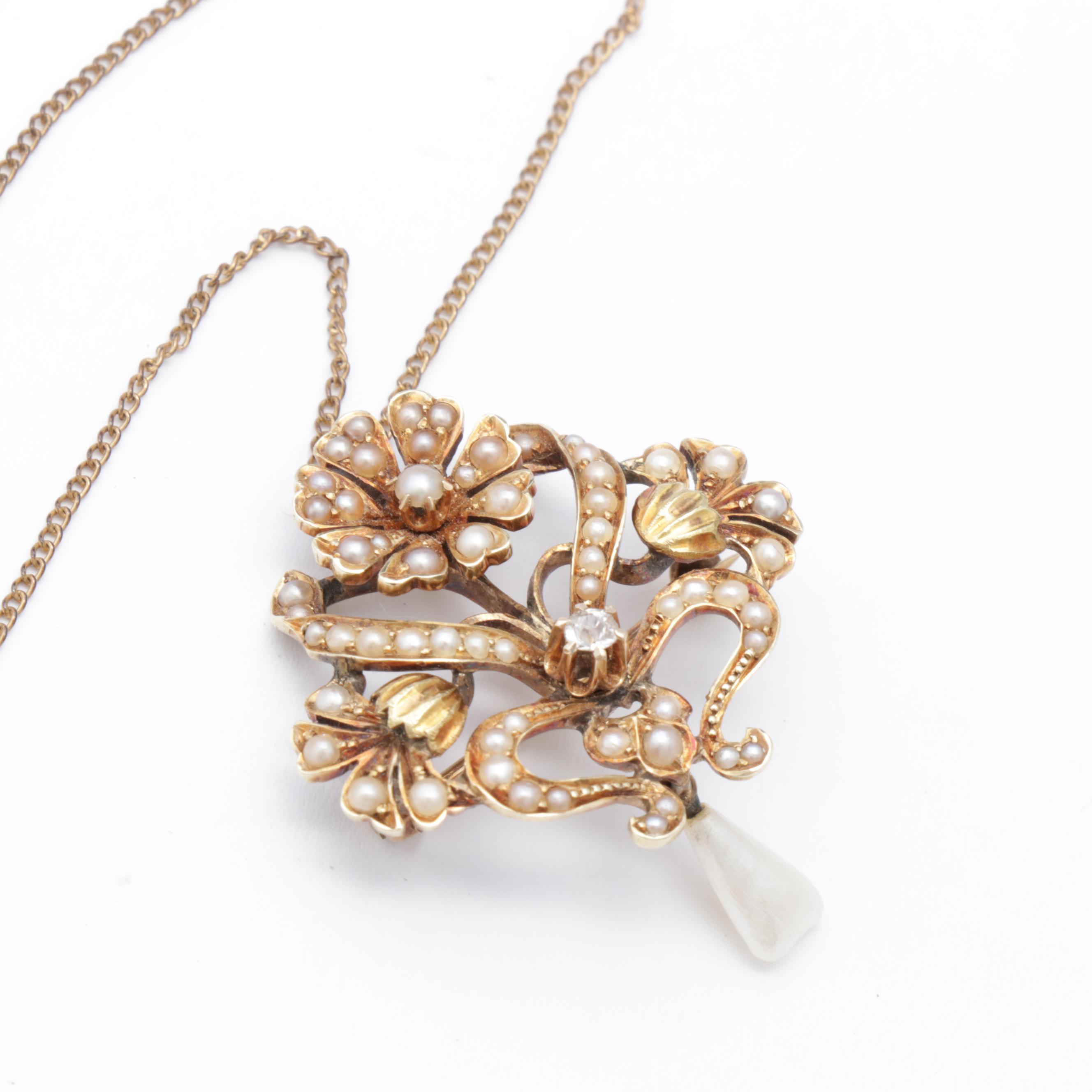 14K Yellow Gold Diamond and Seed Pearl Pendant Necklace