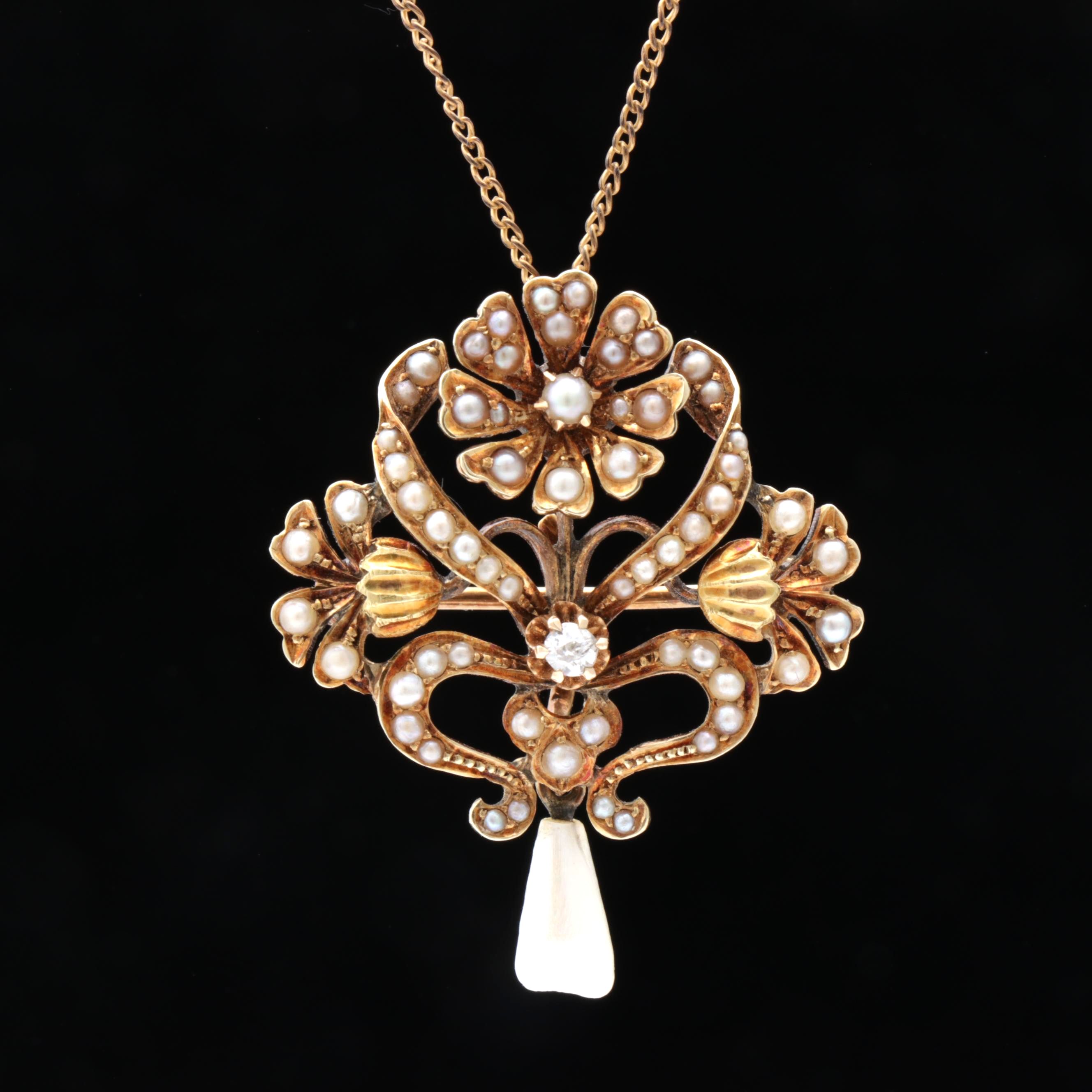 14K Yellow Gold Diamond and Seed Pearl Pendant Necklace