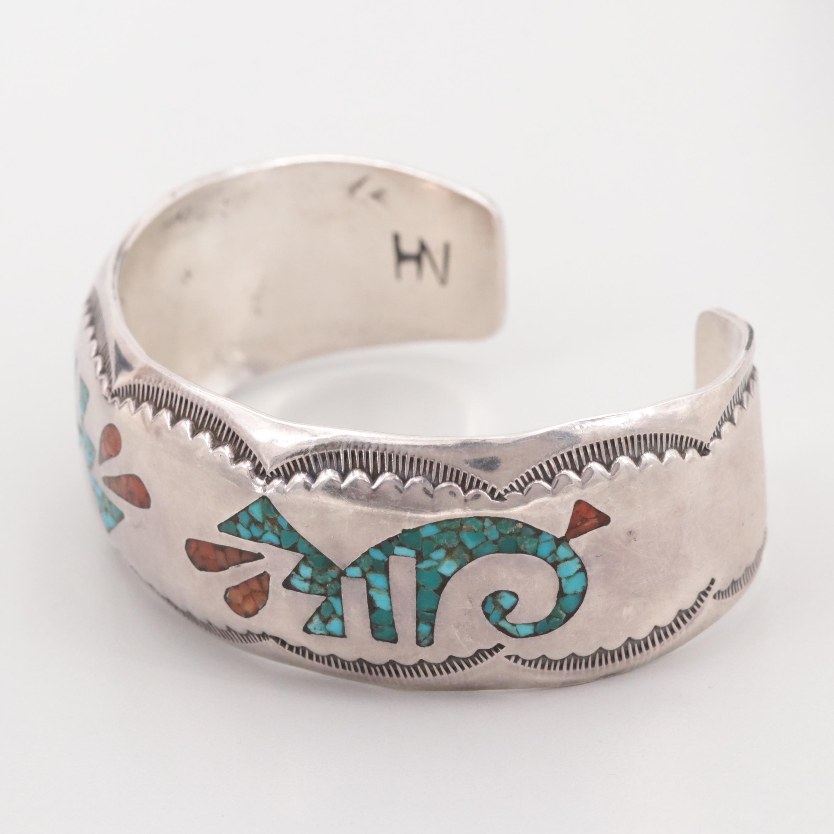 Stephen Hyson Naseyoma Hopi Sterling Chip Stone in Resin Cuff Bracelet