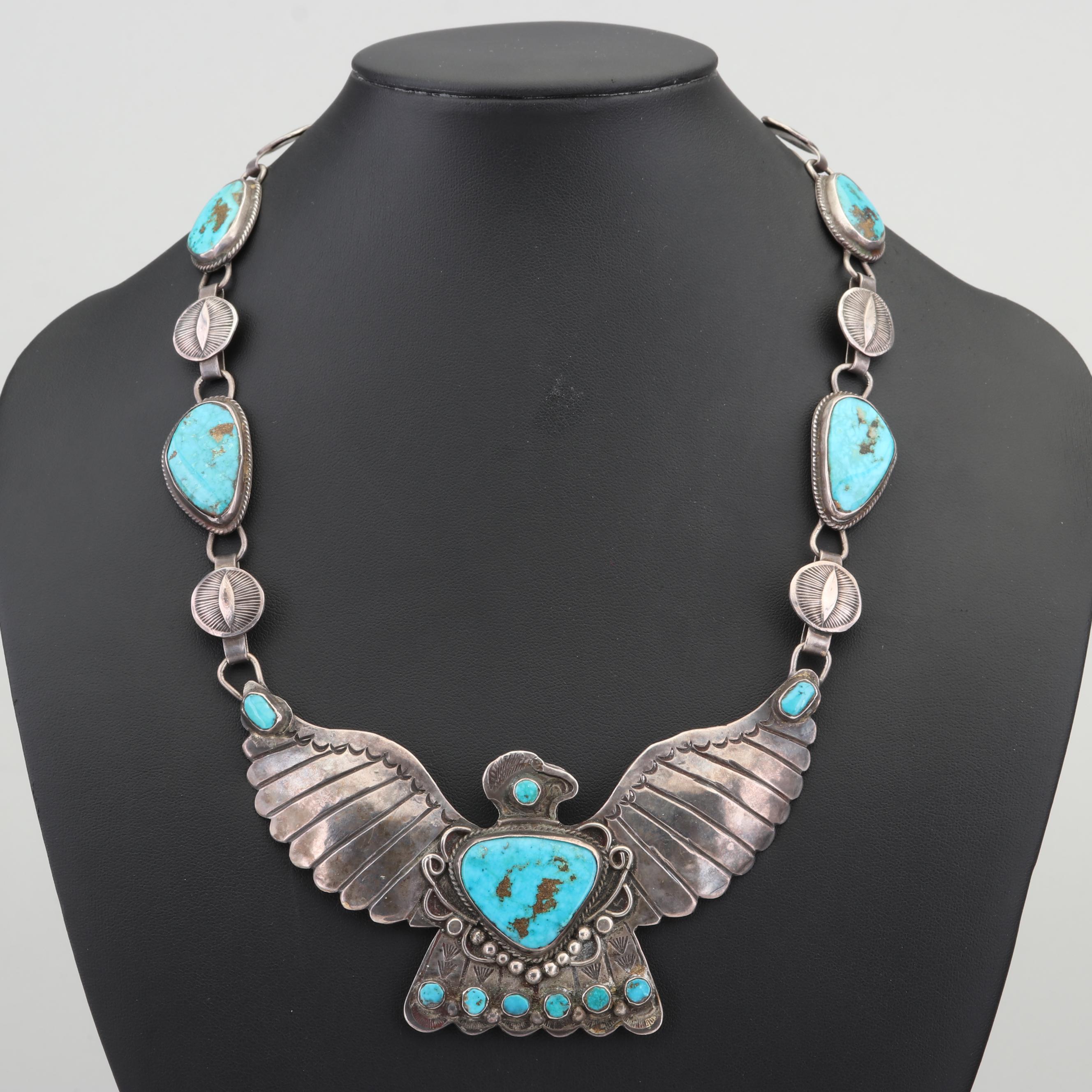 Art Lewis Choctaw Sterling Silver Thunderbird Pendant Turquoise Necklace