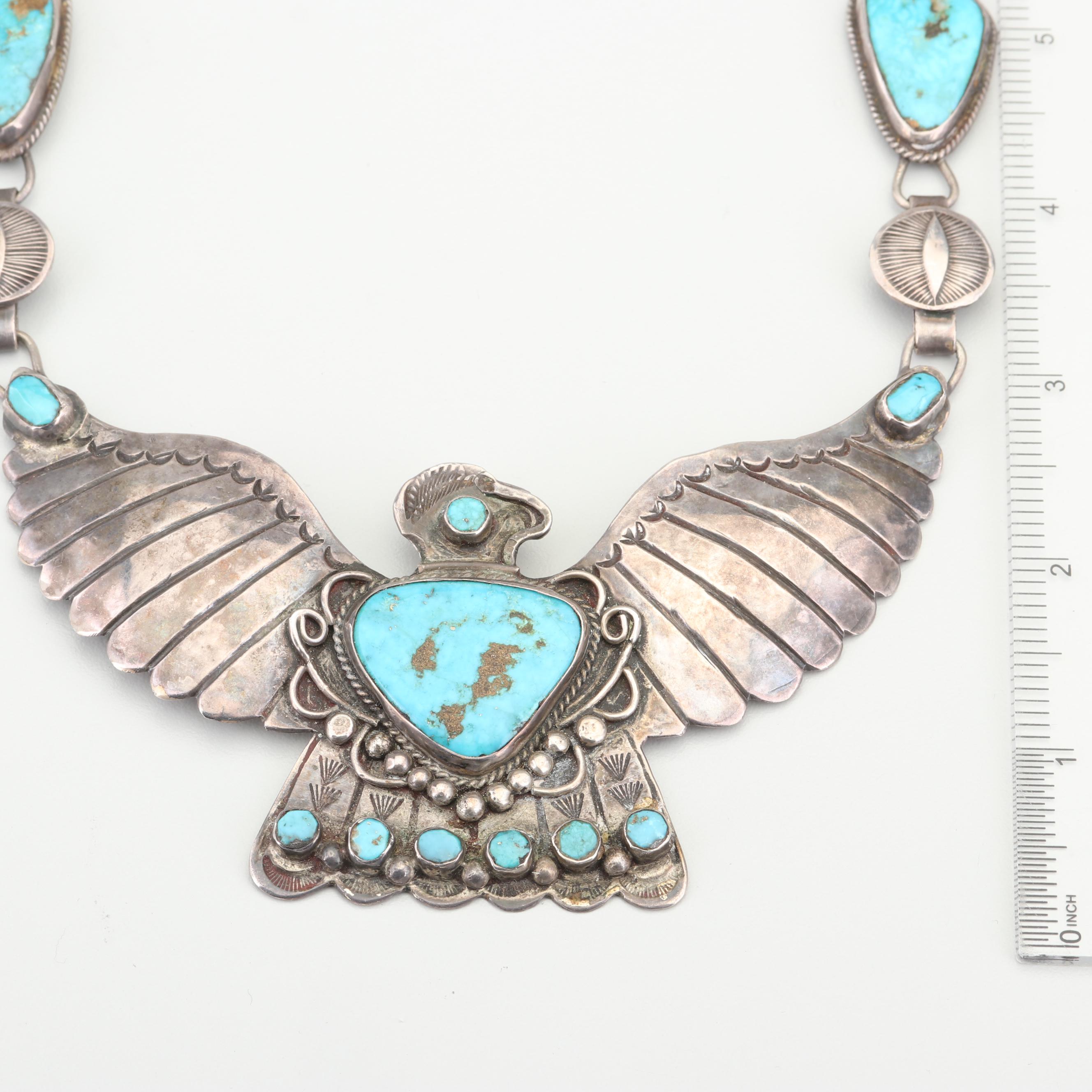 Art Lewis Choctaw Sterling Silver Thunderbird Pendant Turquoise Necklace