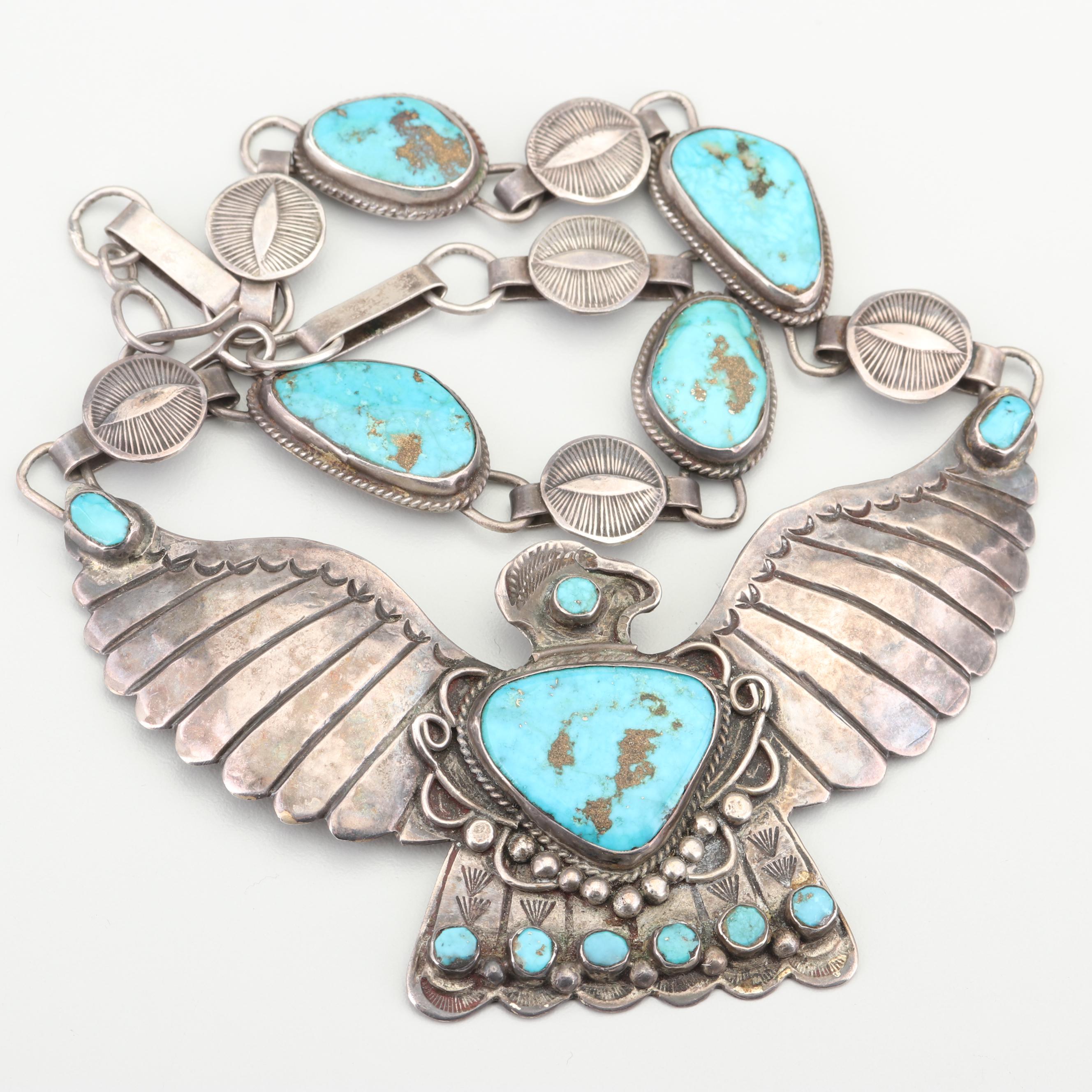 Art Lewis Choctaw Sterling Silver Thunderbird Pendant Turquoise Necklace
