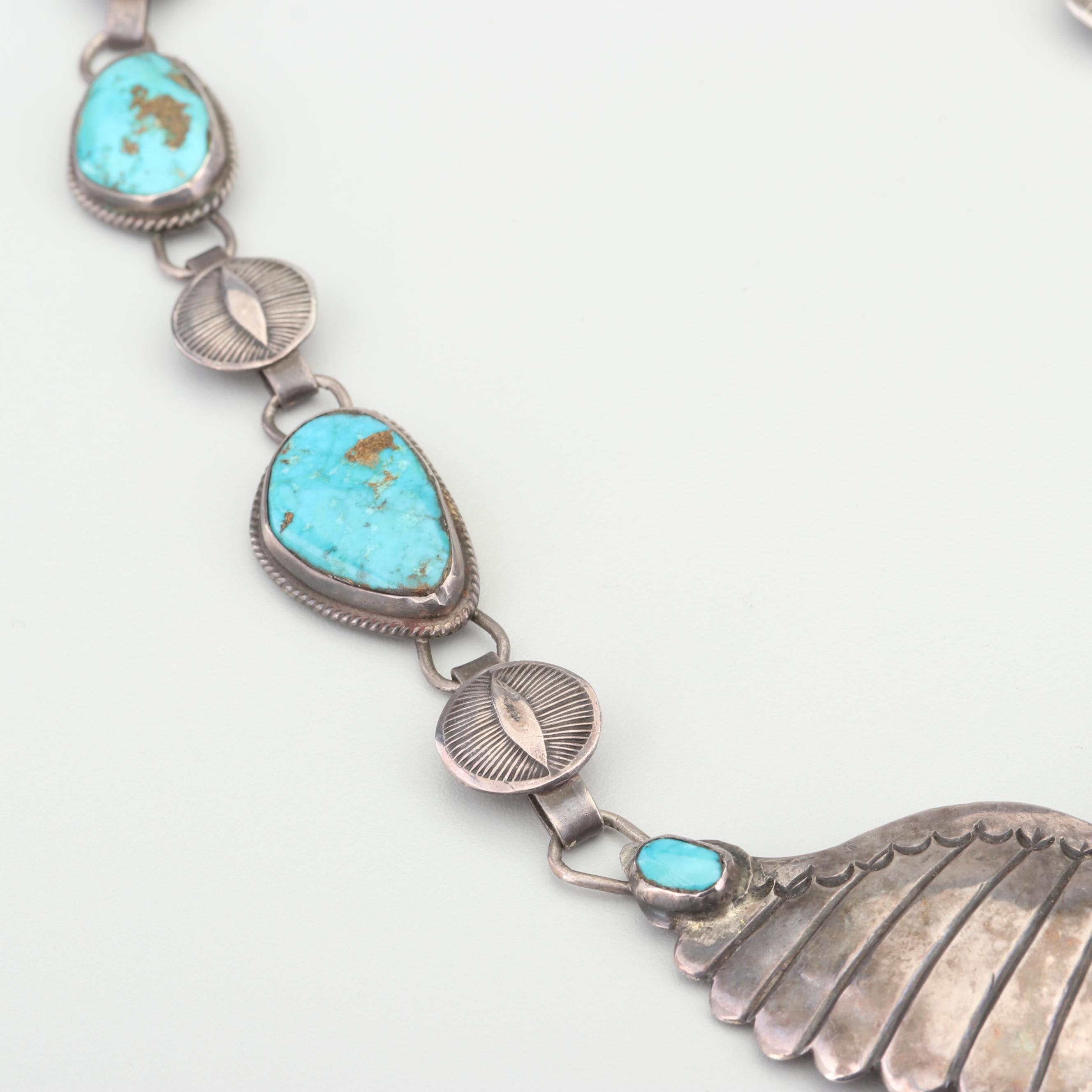 Art Lewis Choctaw Sterling Silver Thunderbird Pendant Turquoise Necklace