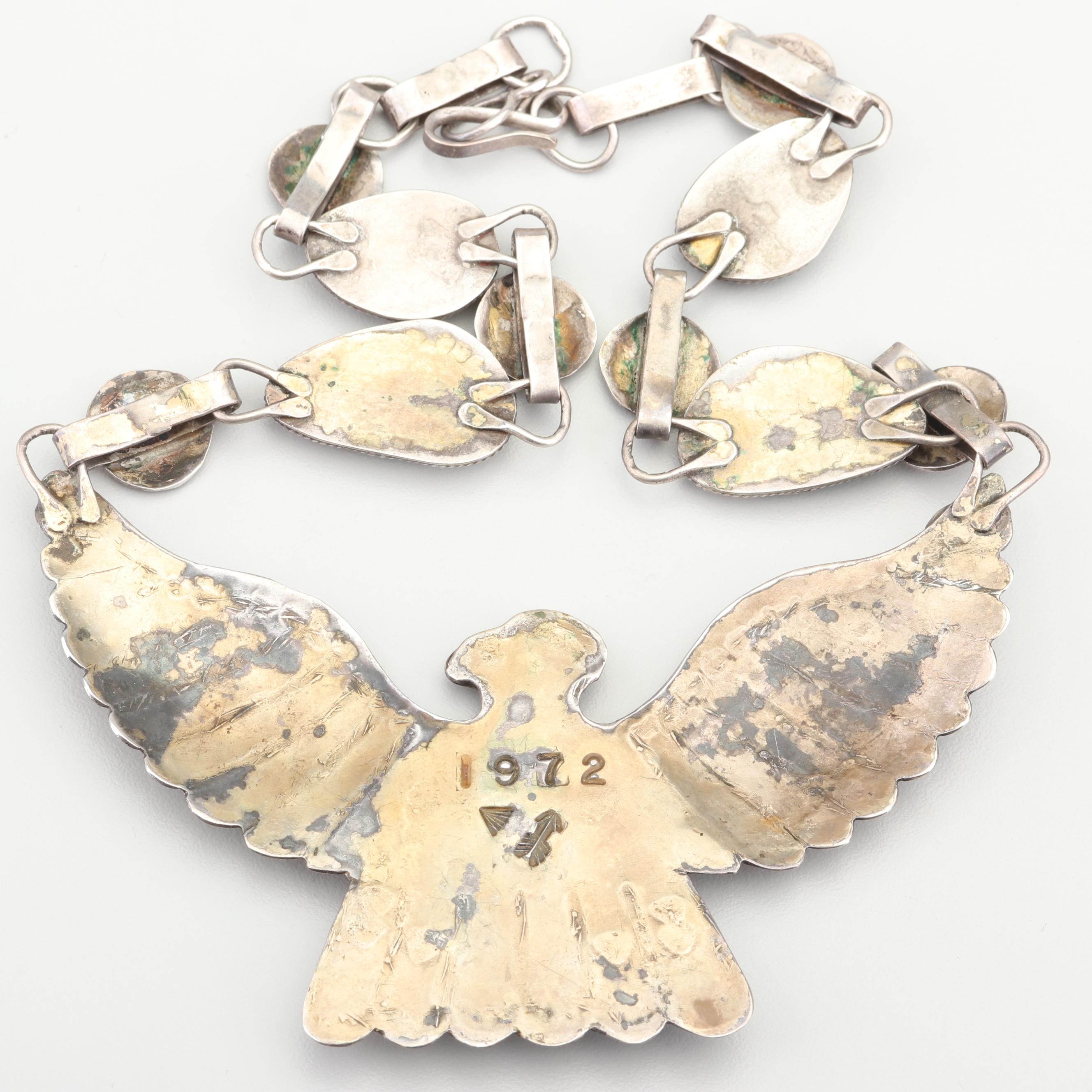 Art Lewis Choctaw Sterling Silver Thunderbird Pendant Turquoise Necklace