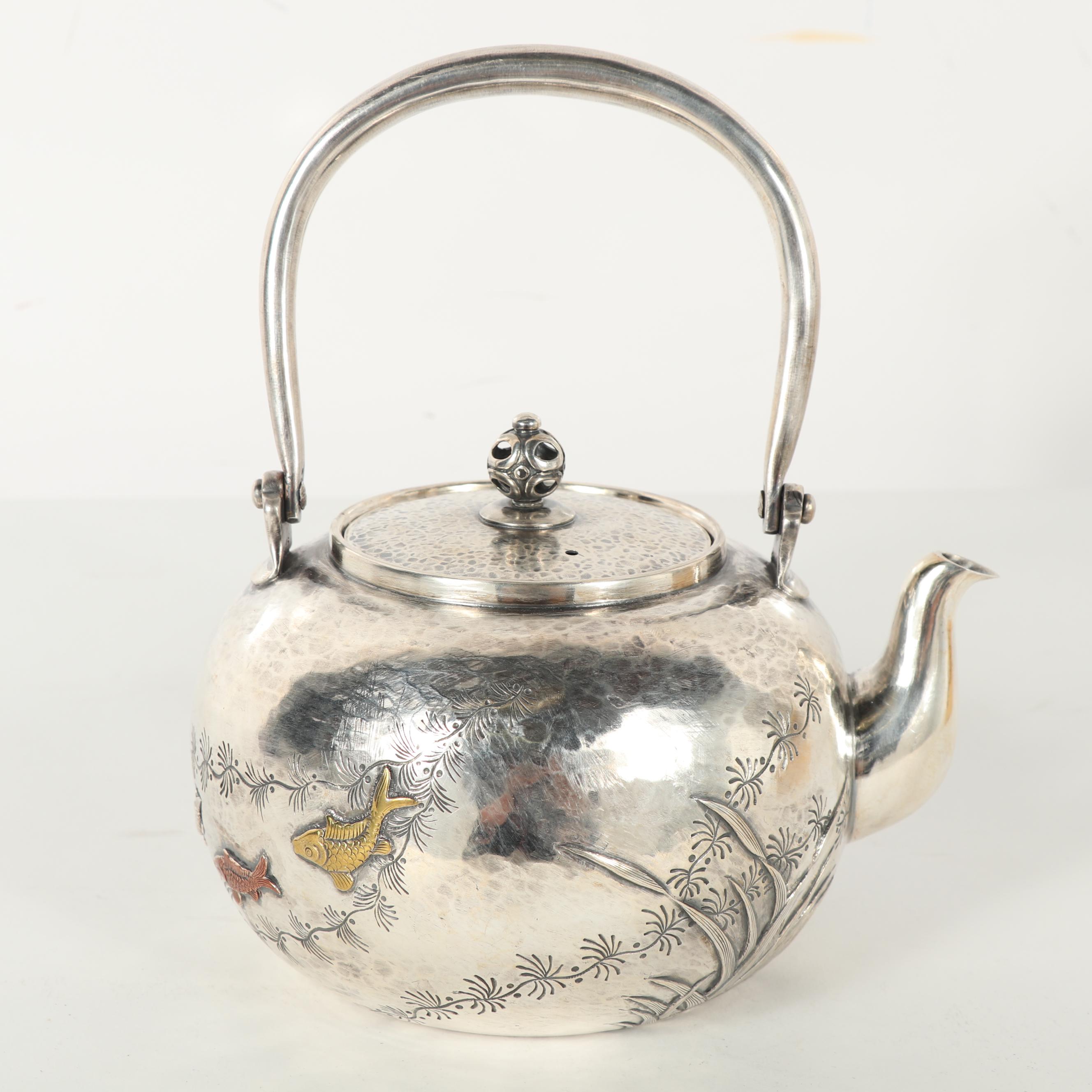 Japanese Sanju Saku Sterling Silver and Mixed Metal Repoussé Teapot, Meiji