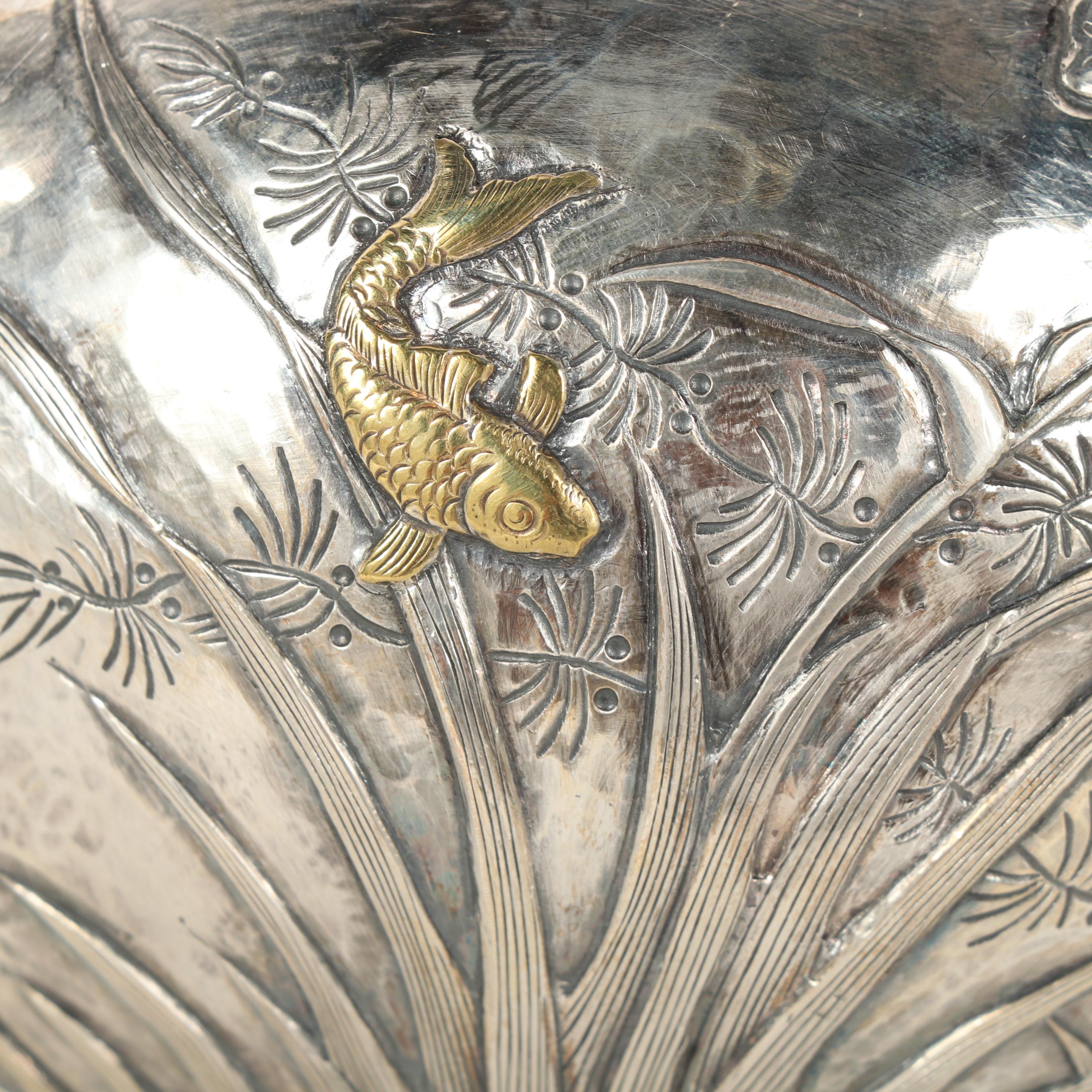 Japanese Sanju Saku Sterling Silver and Mixed Metal Repoussé Teapot, Meiji