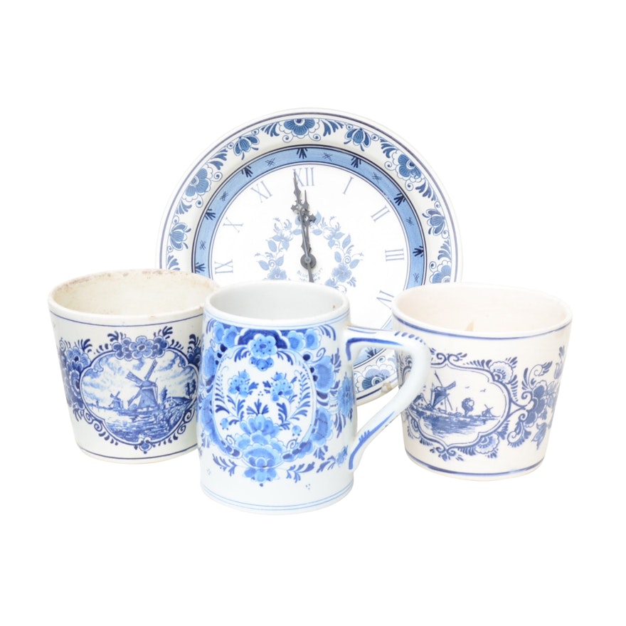 Hand Painted Blue Delft Vases and Clock