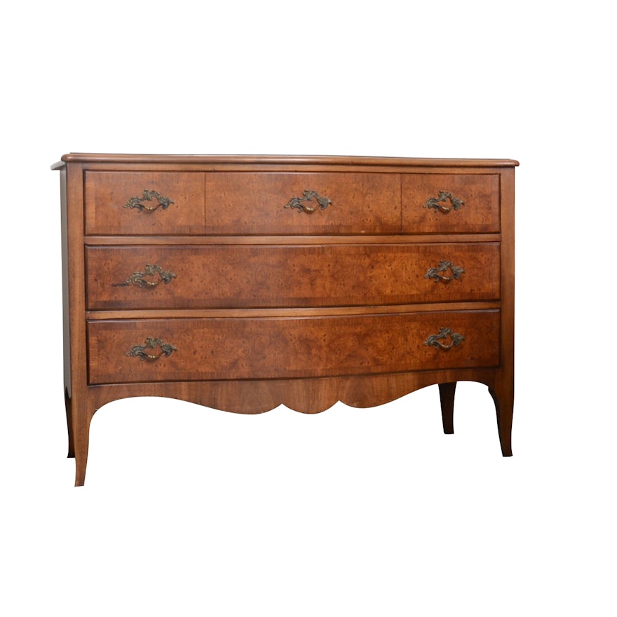 John Widdicomb Co. Burl Wood and Walnut French Provincial Style Chest of Drawers