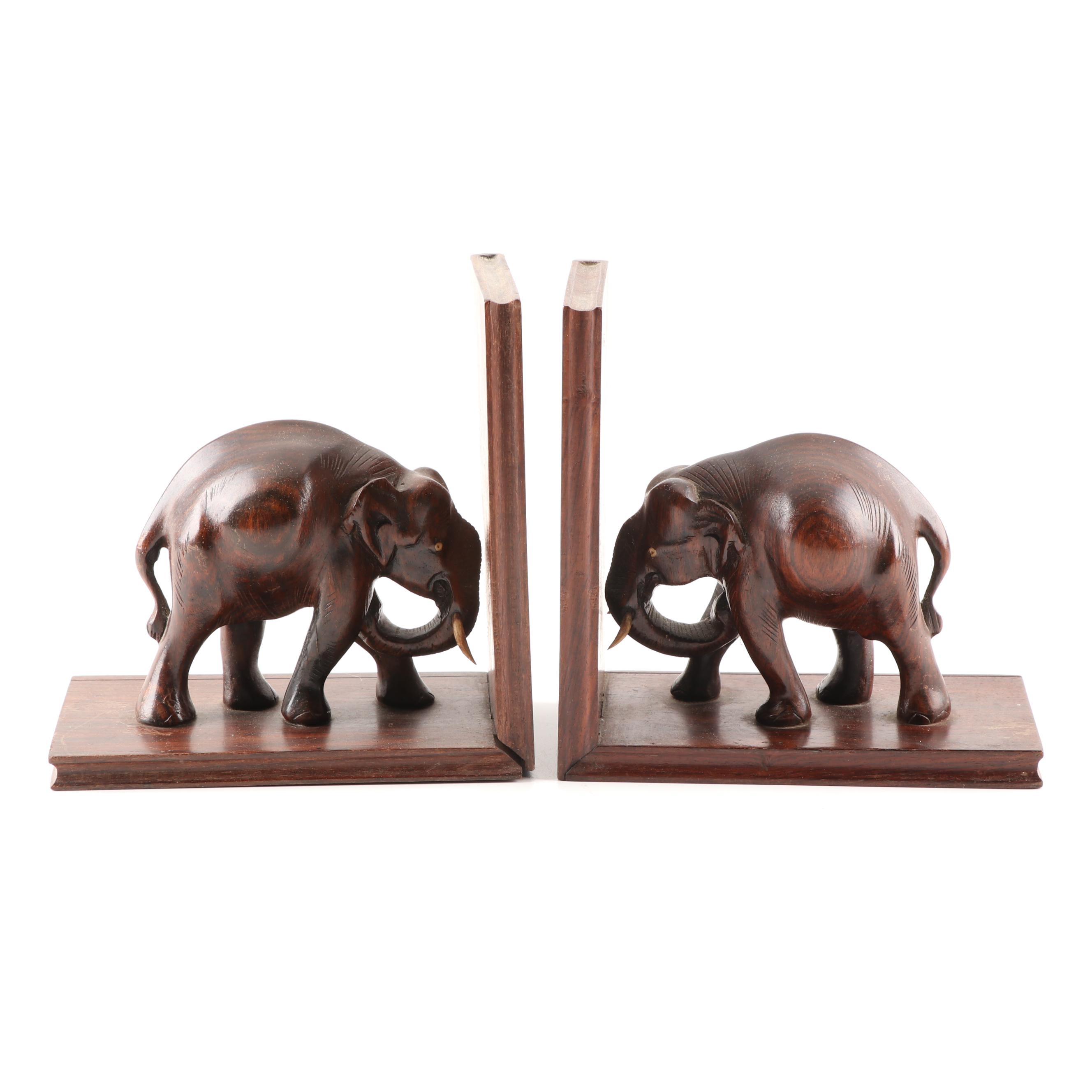 Carved Wood Elephant Bookends, 20th Century