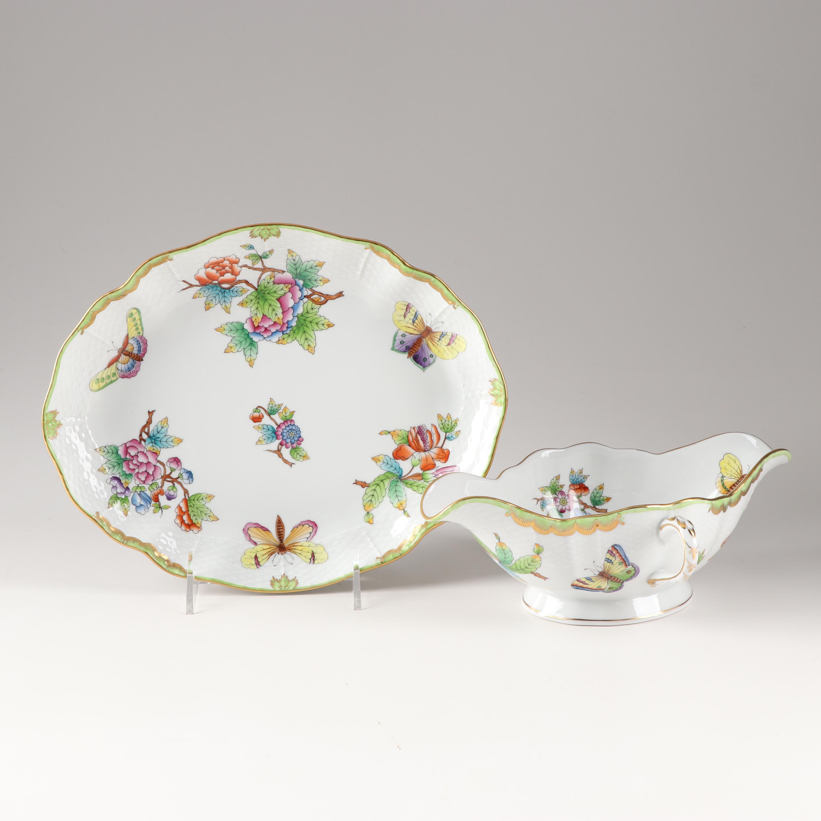 Herend Hungary "Queen Victoria Green" Gravy Boat With Under Plate