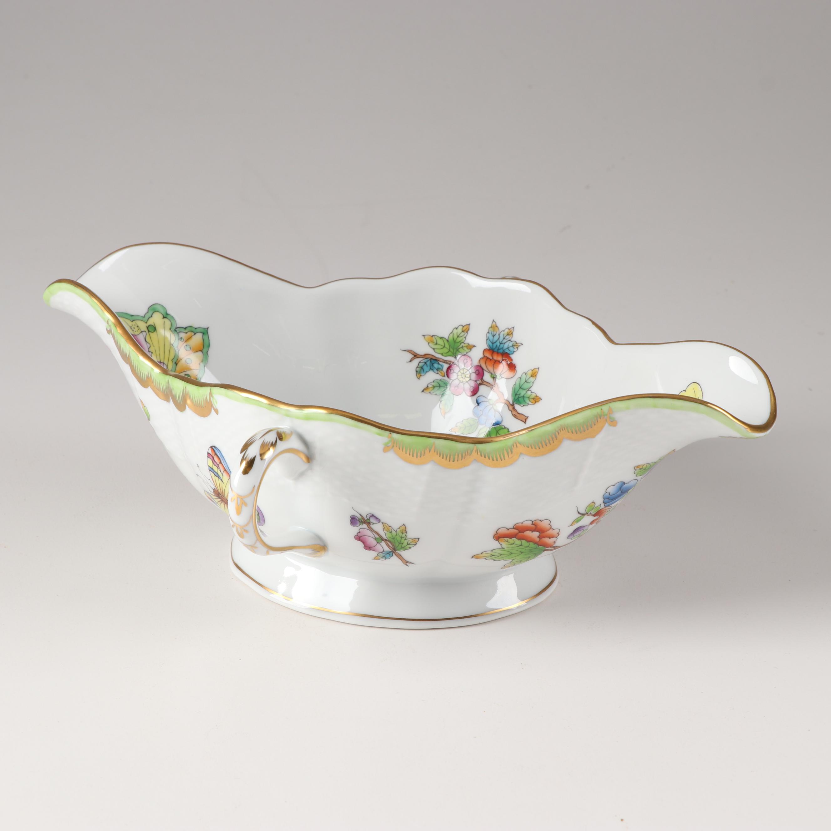 Herend Hungary "Queen Victoria Green" Gravy Boat With Under Plate