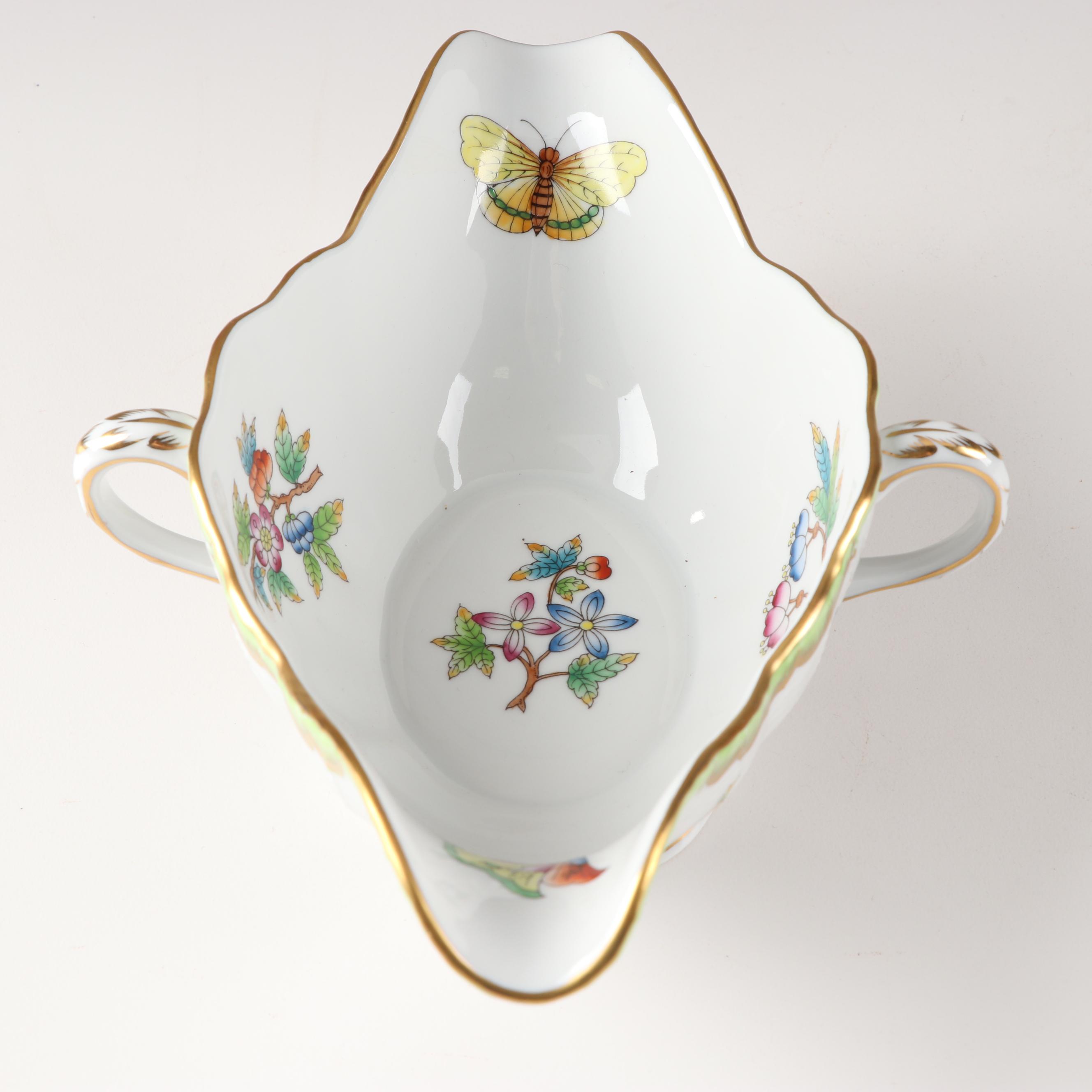 Herend Hungary "Queen Victoria Green" Gravy Boat With Under Plate