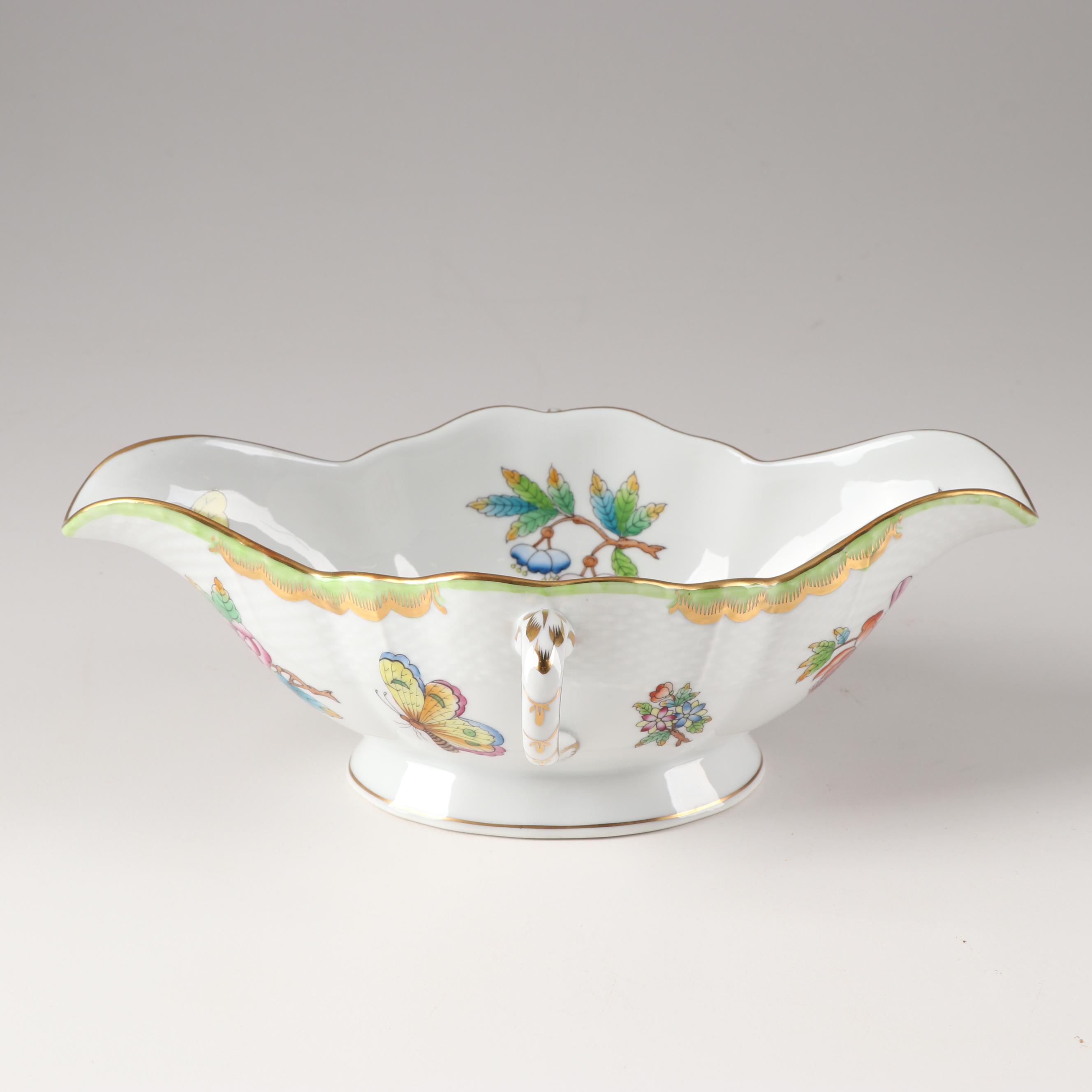 Herend Hungary "Queen Victoria Green" Gravy Boat With Under Plate