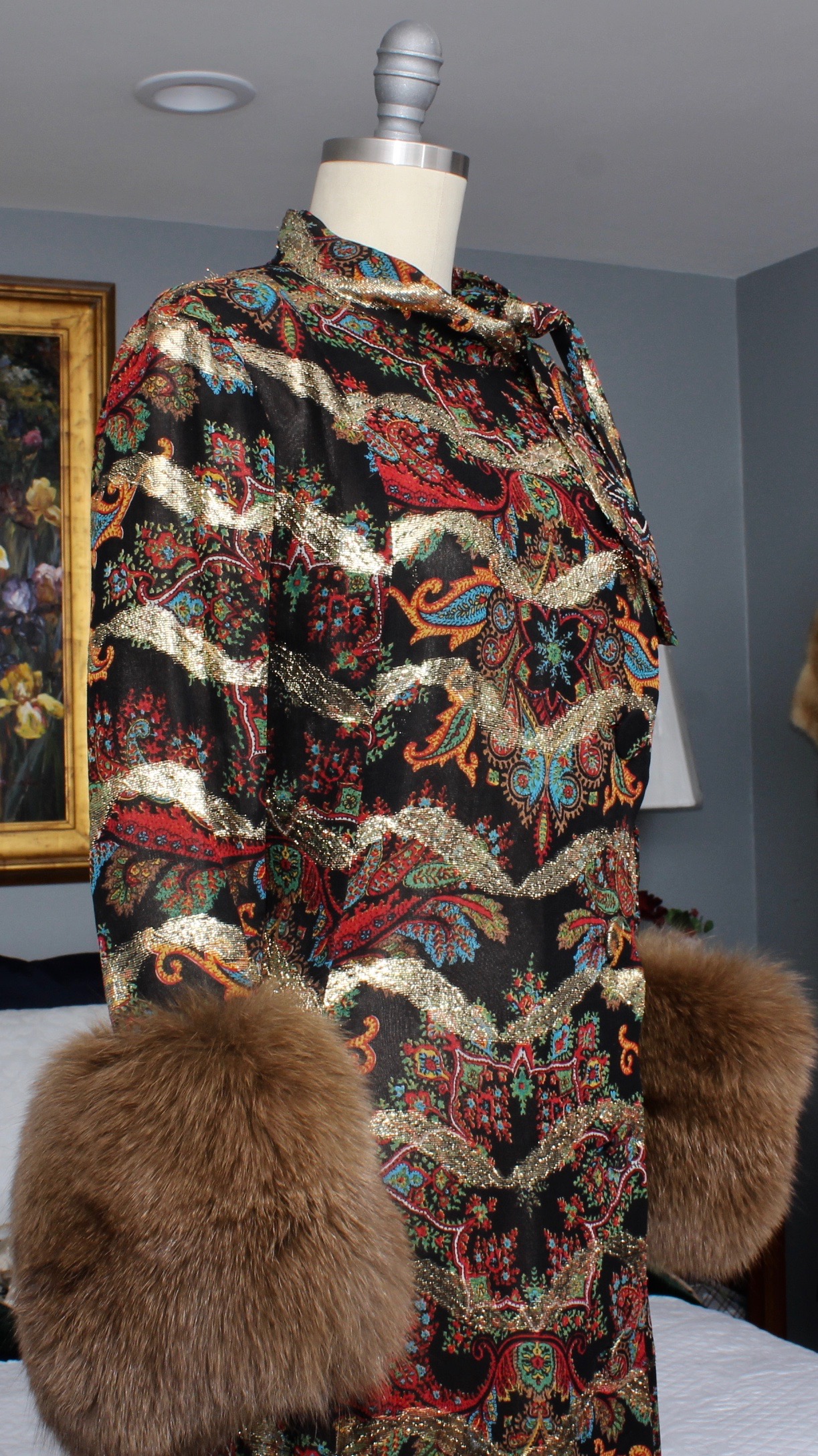 Pauline Trigère Black Paisley Print Silk Evening Gown with Sable Fur Trim, 1960s