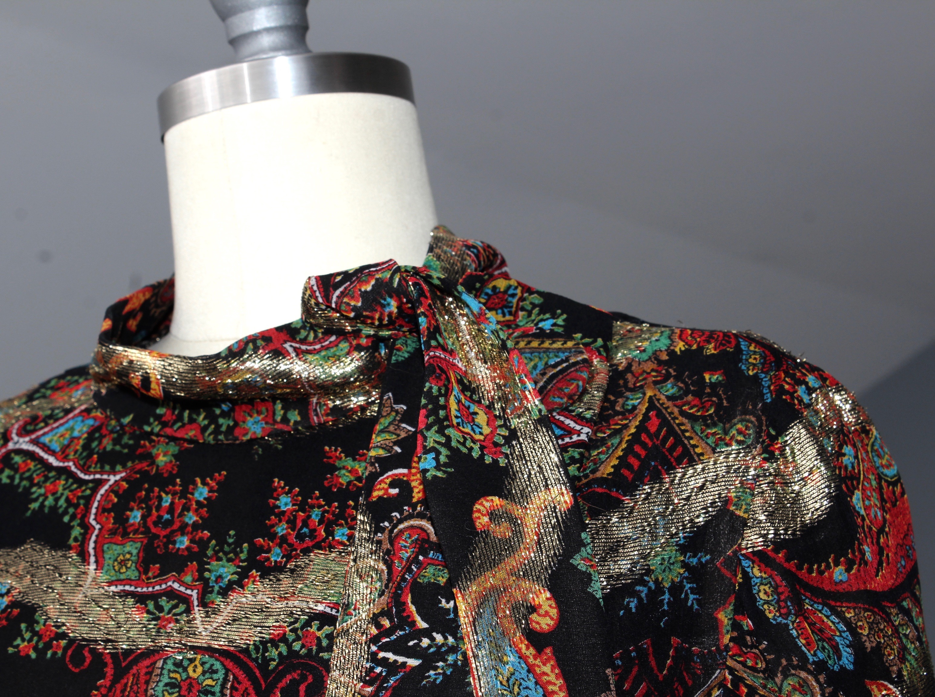 Pauline Trigère Black Paisley Print Silk Evening Gown with Sable Fur Trim, 1960s