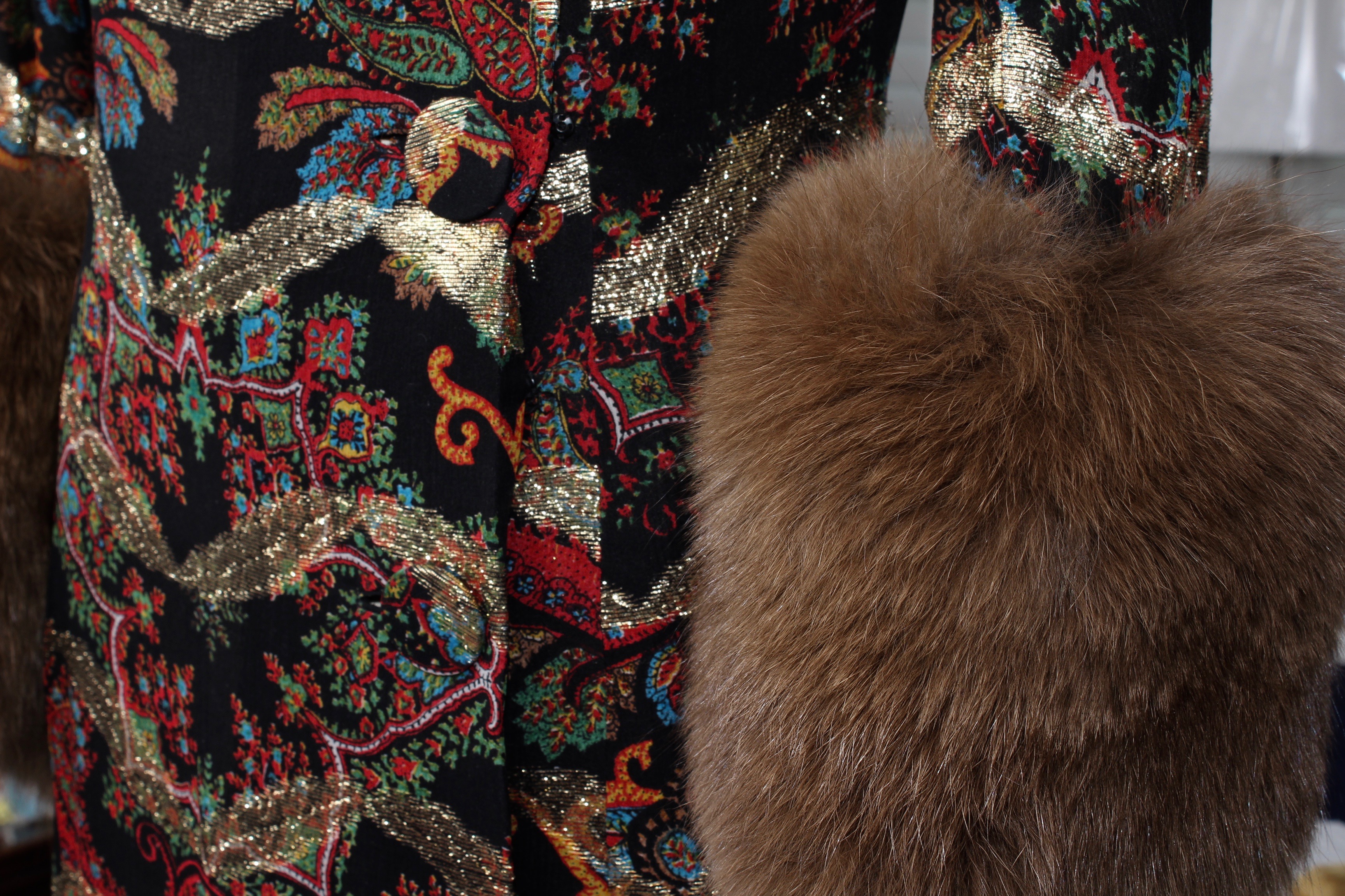 Pauline Trigère Black Paisley Print Silk Evening Gown with Sable Fur Trim, 1960s