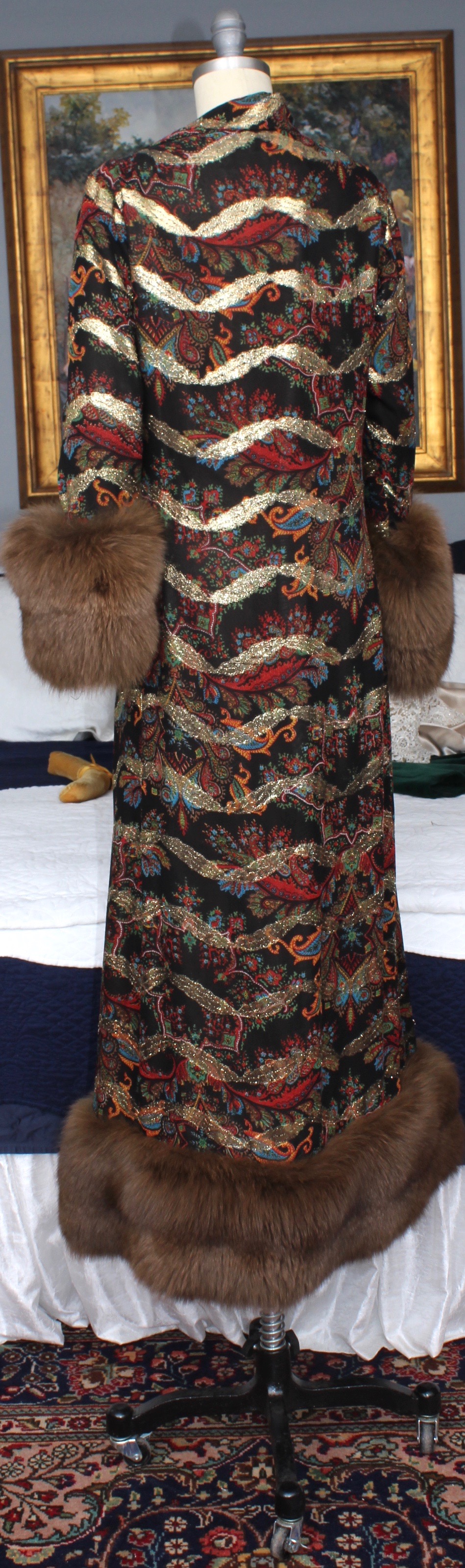 Pauline Trigère Black Paisley Print Silk Evening Gown with Sable Fur Trim, 1960s