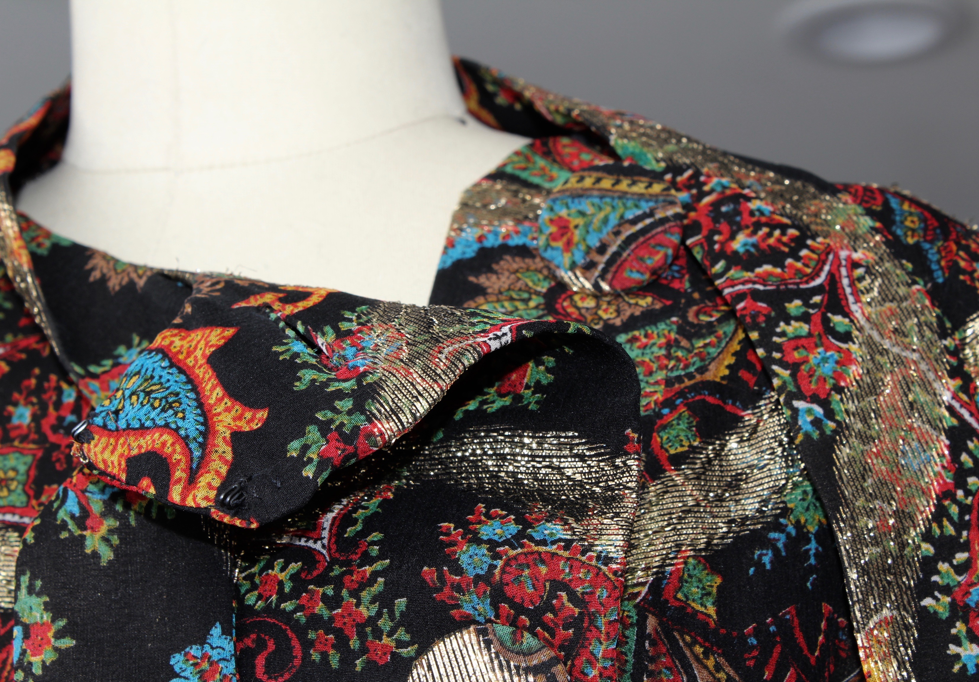 Pauline Trigère Black Paisley Print Silk Evening Gown with Sable Fur Trim, 1960s