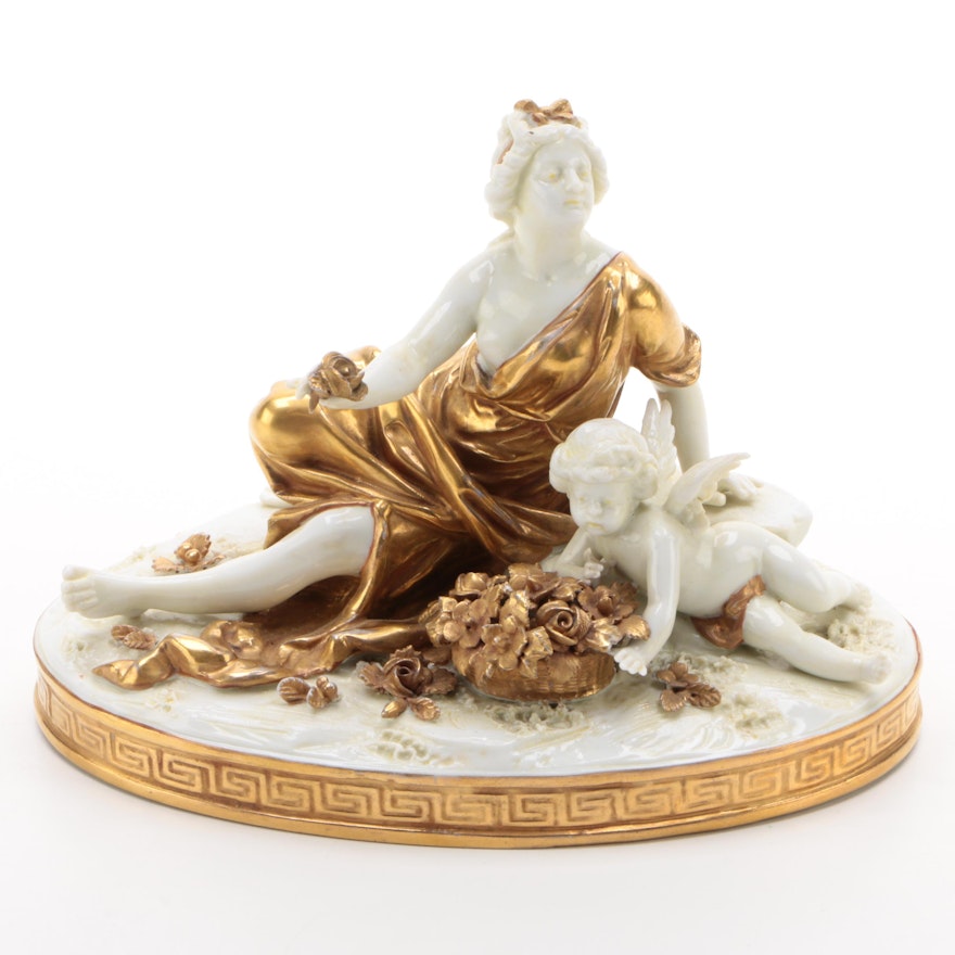 Aelteste Volkstedter Porcelain Woman and Cherub Figurine, Early 20th Century