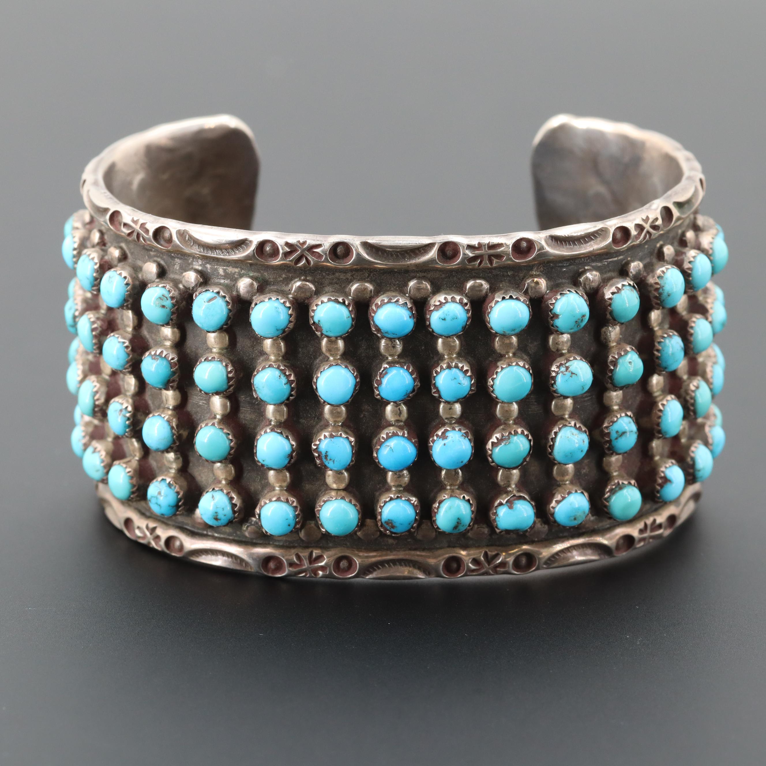 Jason and Pearl Ukestine Zuni Sterling Silver Turquoise Cuff Bracelet