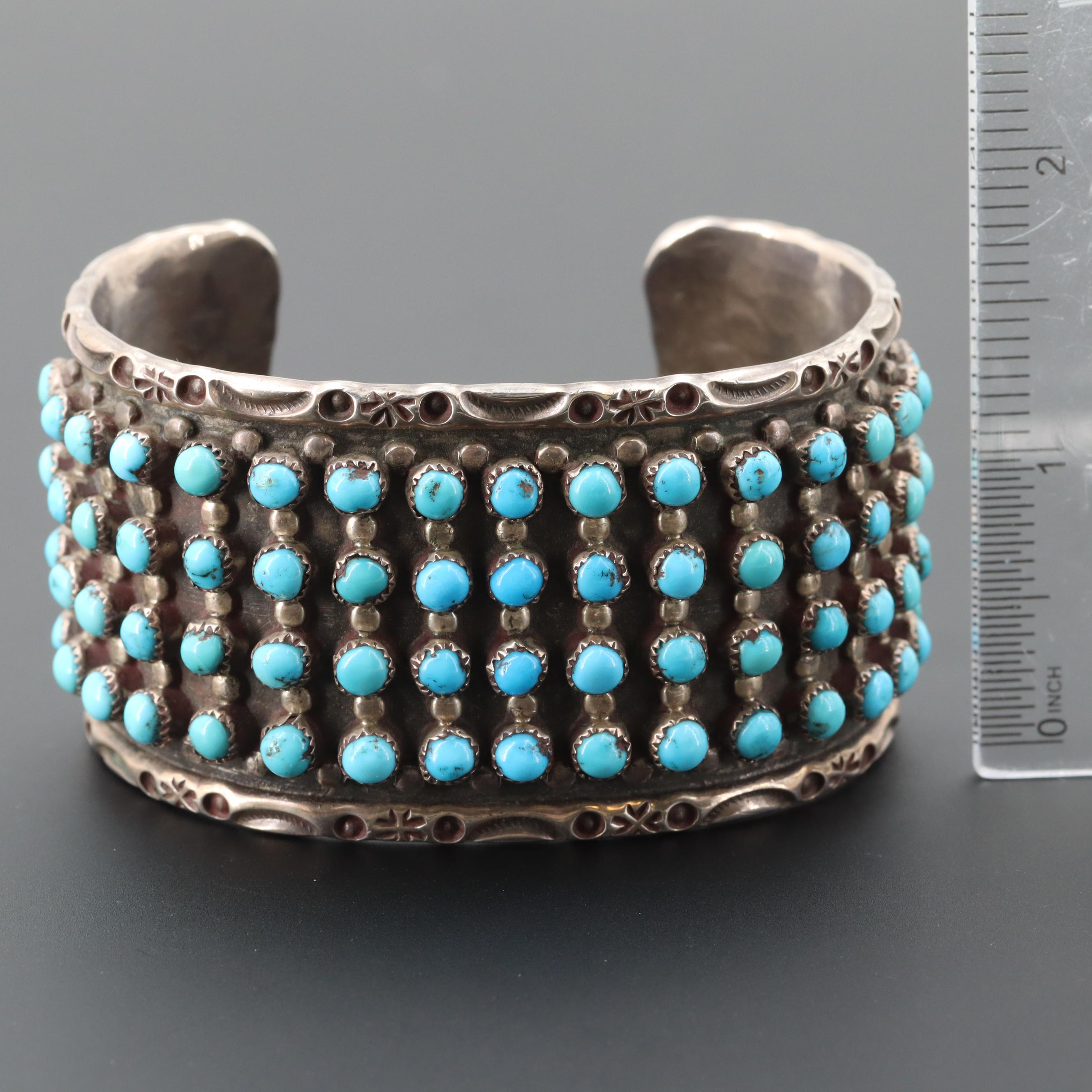 Jason and Pearl Ukestine Zuni Sterling Silver Turquoise Cuff Bracelet