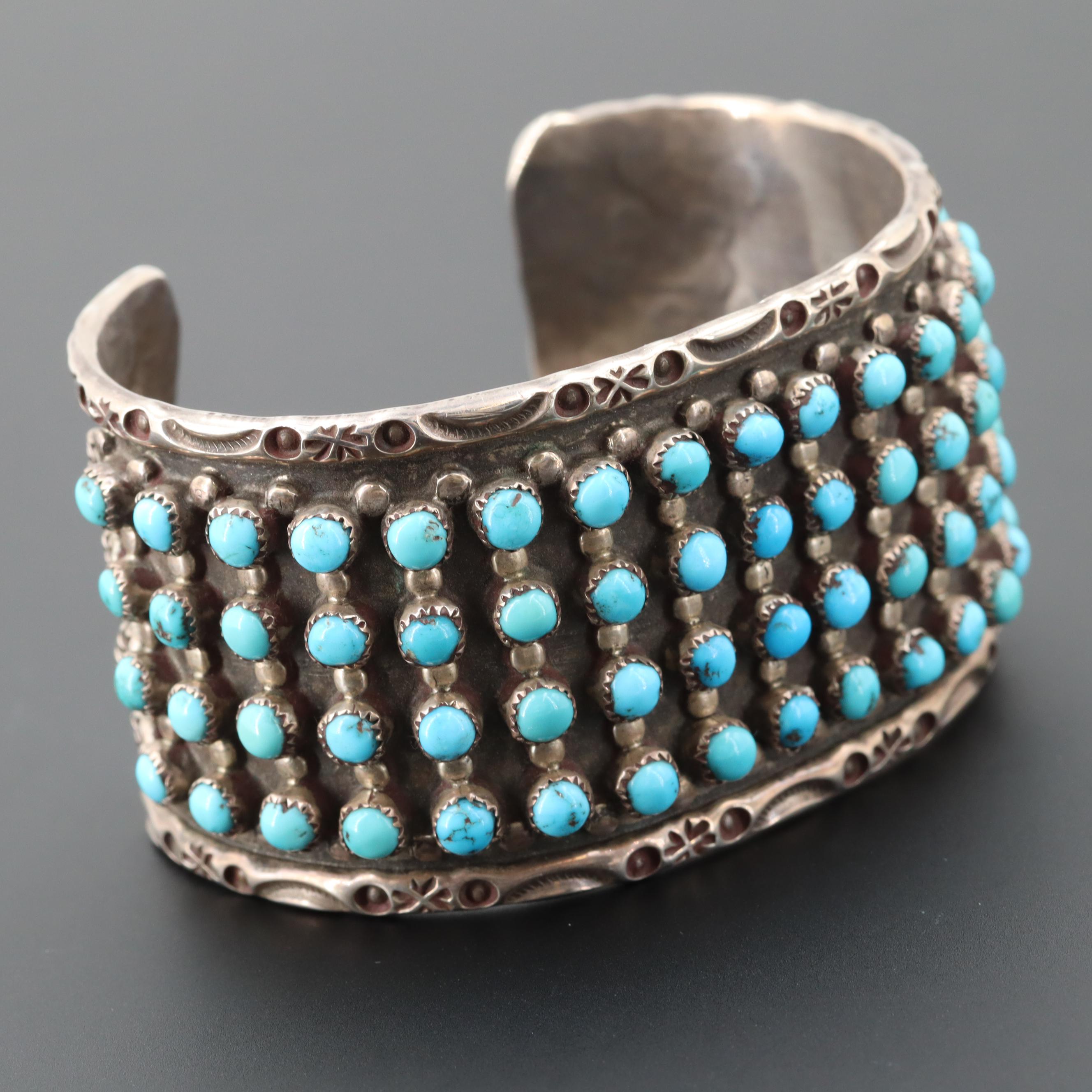 Jason and Pearl Ukestine Zuni Sterling Silver Turquoise Cuff Bracelet