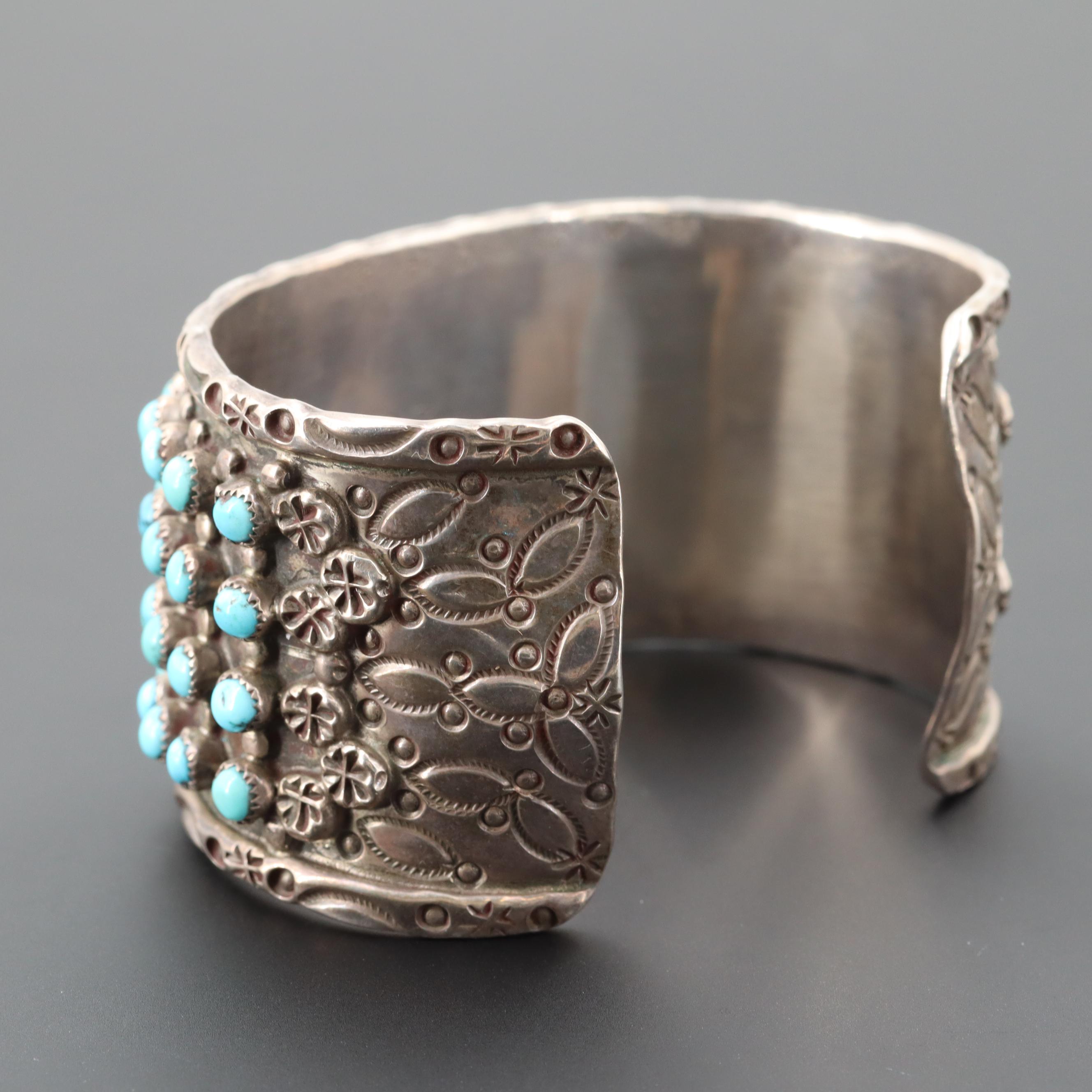 Jason and Pearl Ukestine Zuni Sterling Silver Turquoise Cuff Bracelet