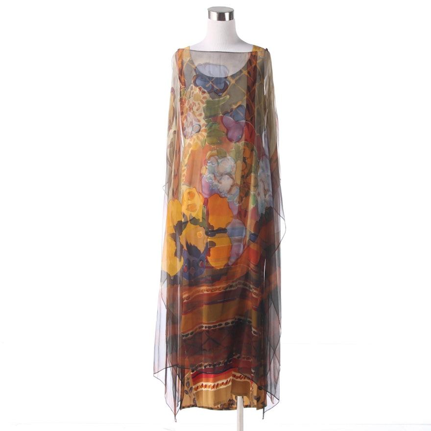 Bill Blass Mixed Print Silk Dress With Sheer Overlay, Vintage