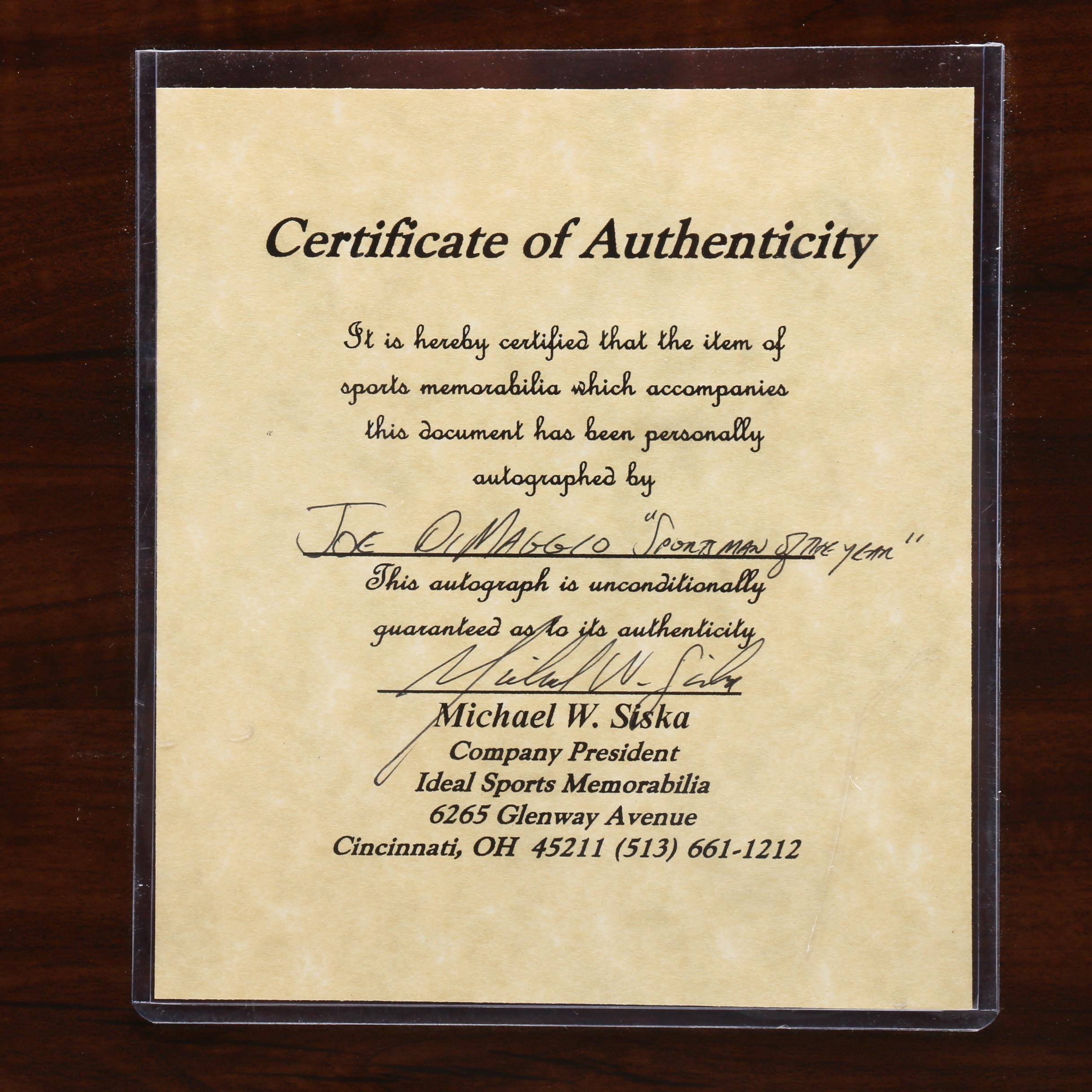 Joe DiMaggio New York Yankees Signed Baseball Photo Plaque Visual COA