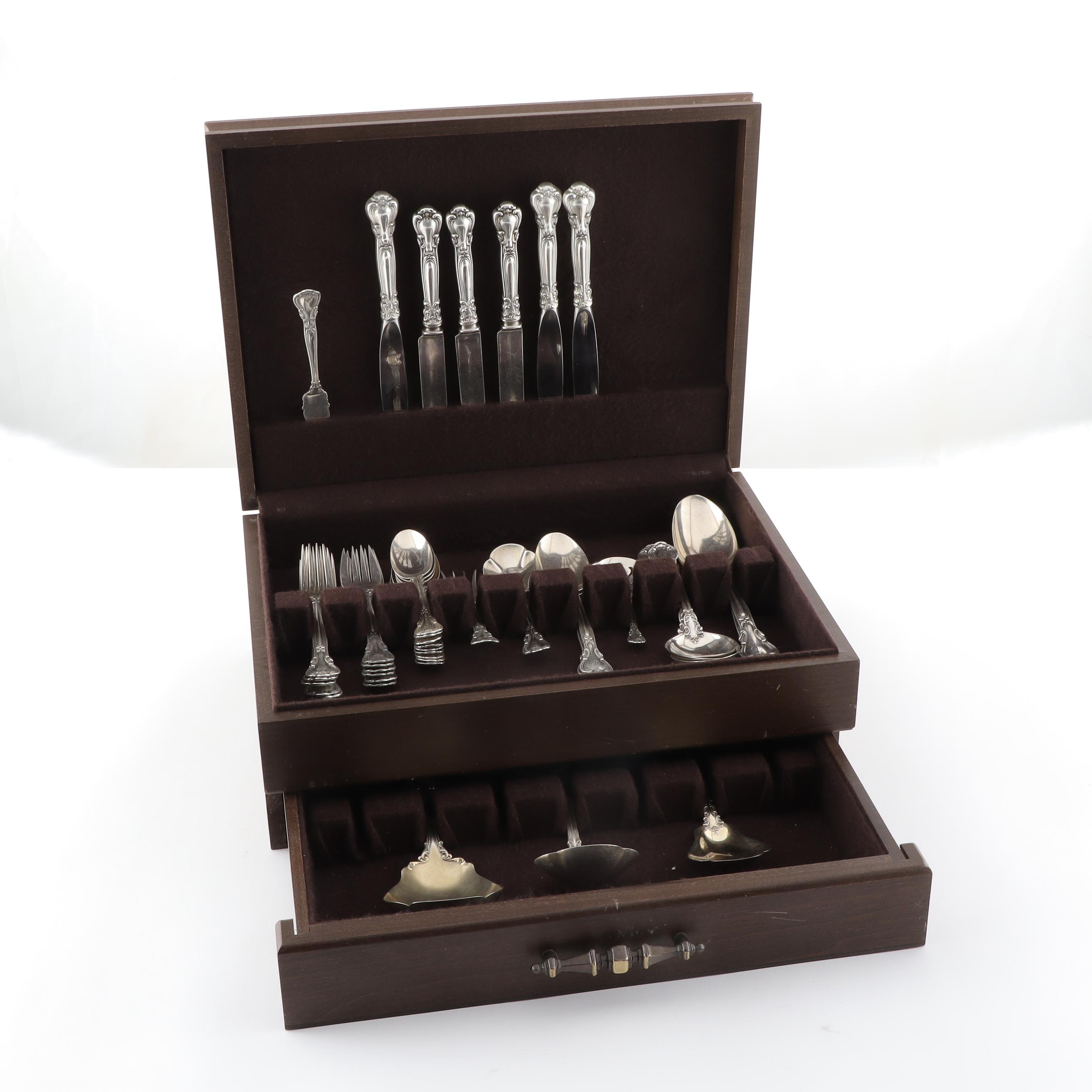 Gorham "Chantilly" Sterling Silver Flatware in Wood Storage Chest