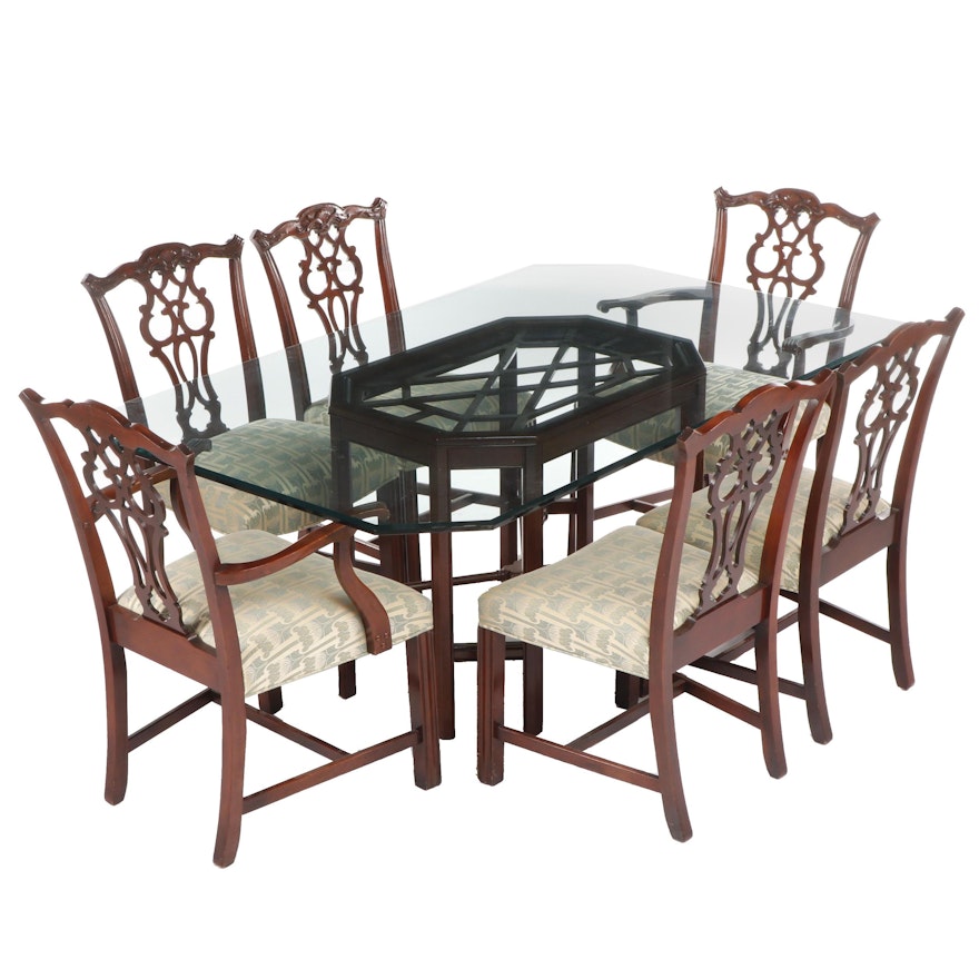 Chippendale Style Mahogany Finished Dining Table with Glass Top and Six Chairs
