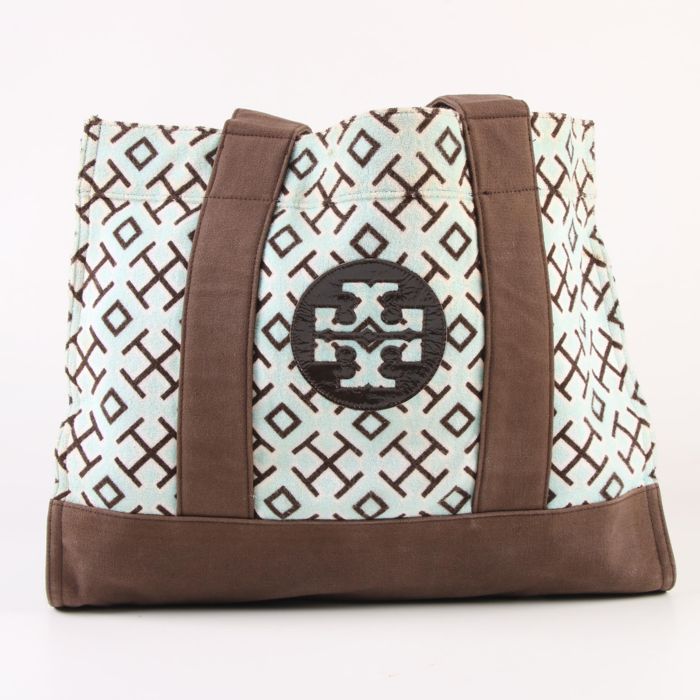 Tory Burch Turquoise and Brown Terry Cloth and Canvas Beach Tote