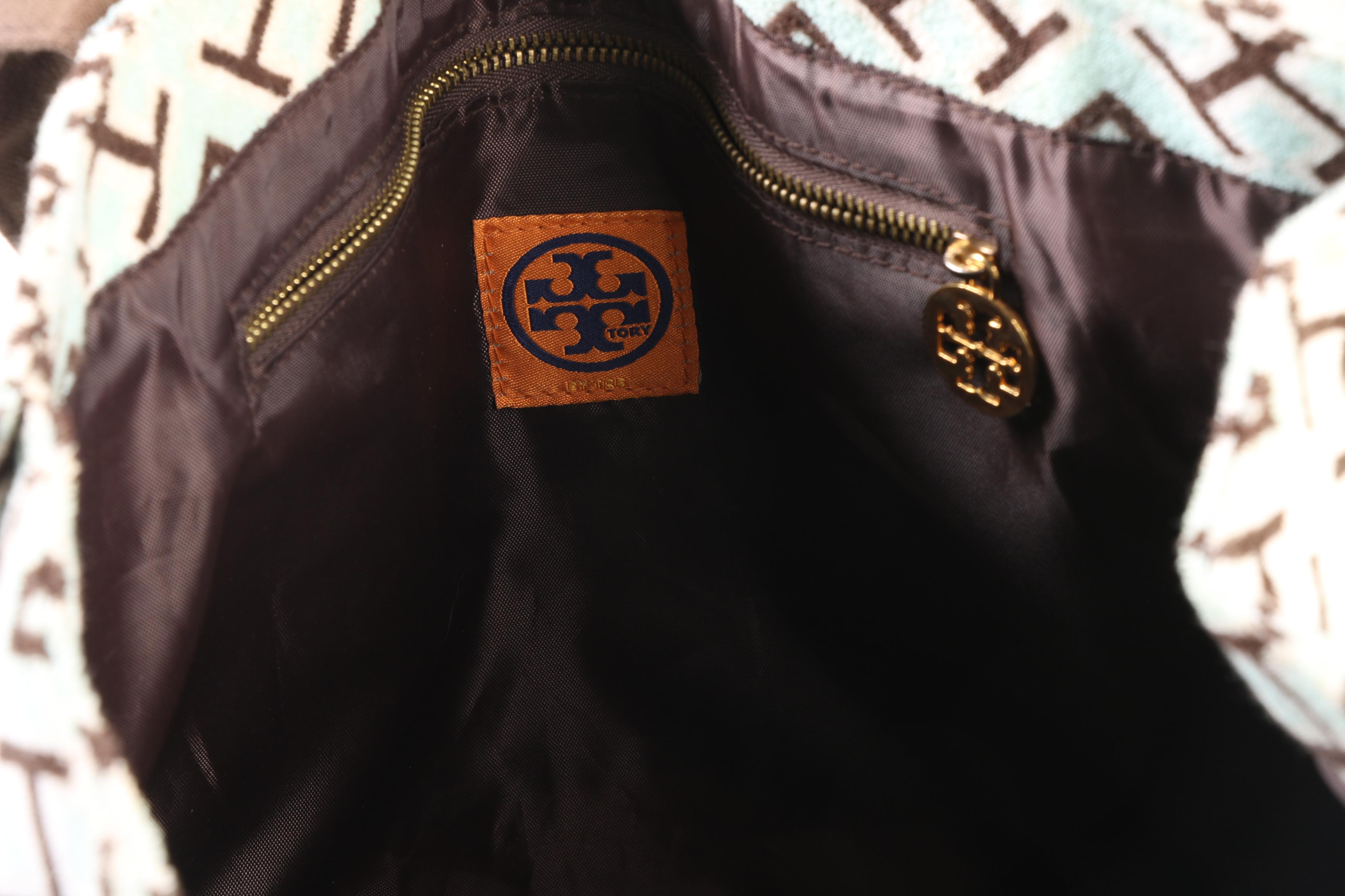 Tory Burch Turquoise and Brown Terry Cloth and Canvas Beach Tote