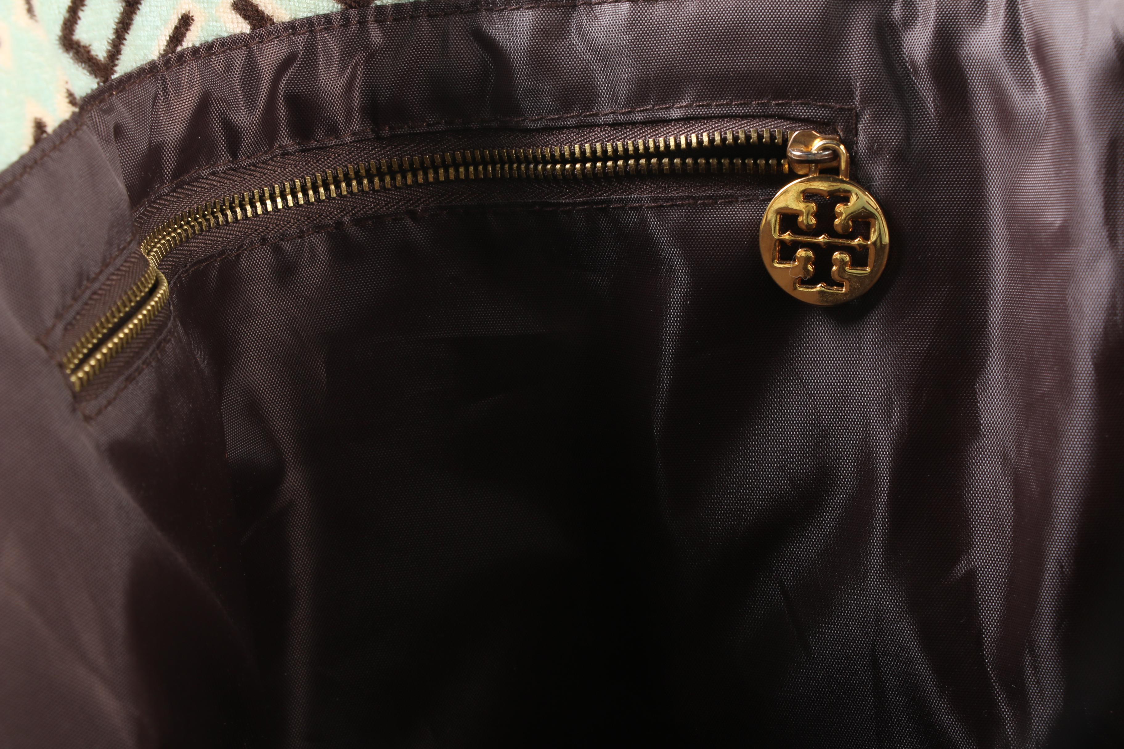 Tory Burch Turquoise and Brown Terry Cloth and Canvas Beach Tote