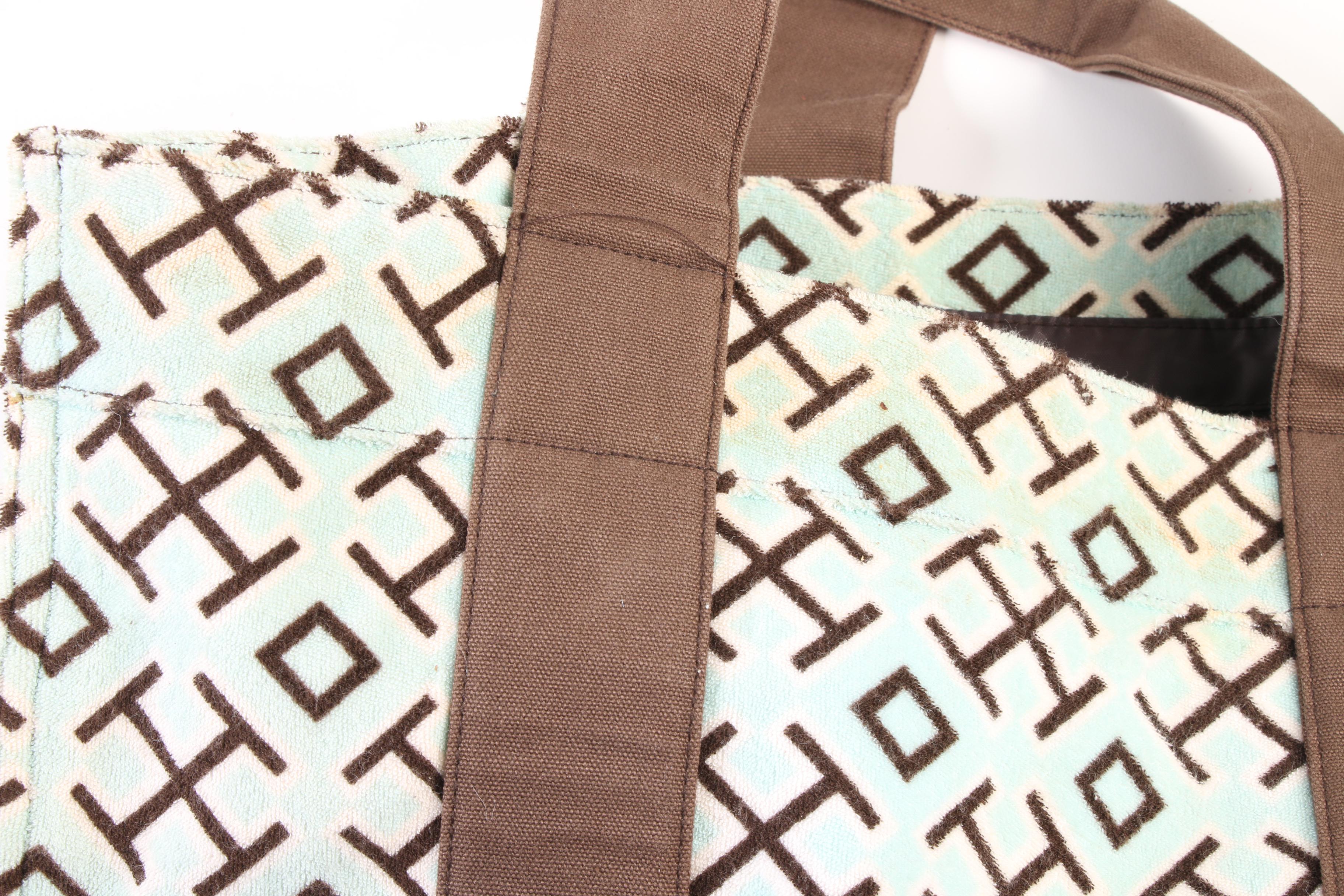 Tory Burch Turquoise and Brown Terry Cloth and Canvas Beach Tote