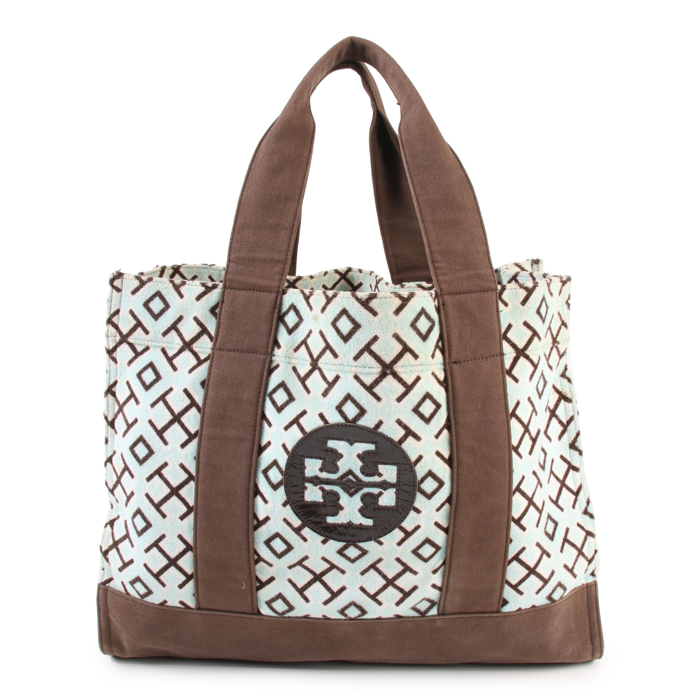 Tory Burch Turquoise and Brown Terry Cloth and Canvas Beach Tote