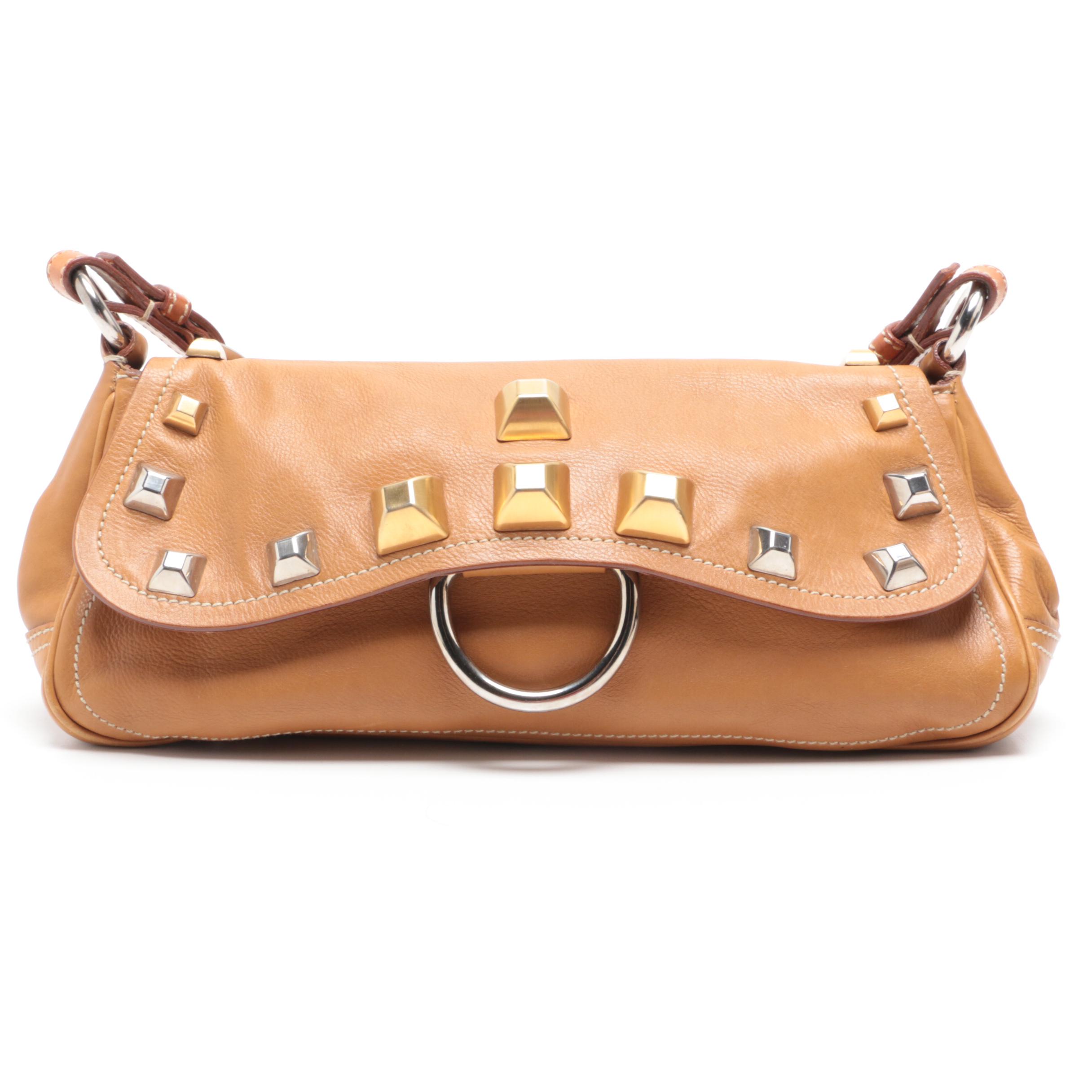 Prada Tan Leather Shoulder Bag with Two-Tone Pyramid Studded Accents