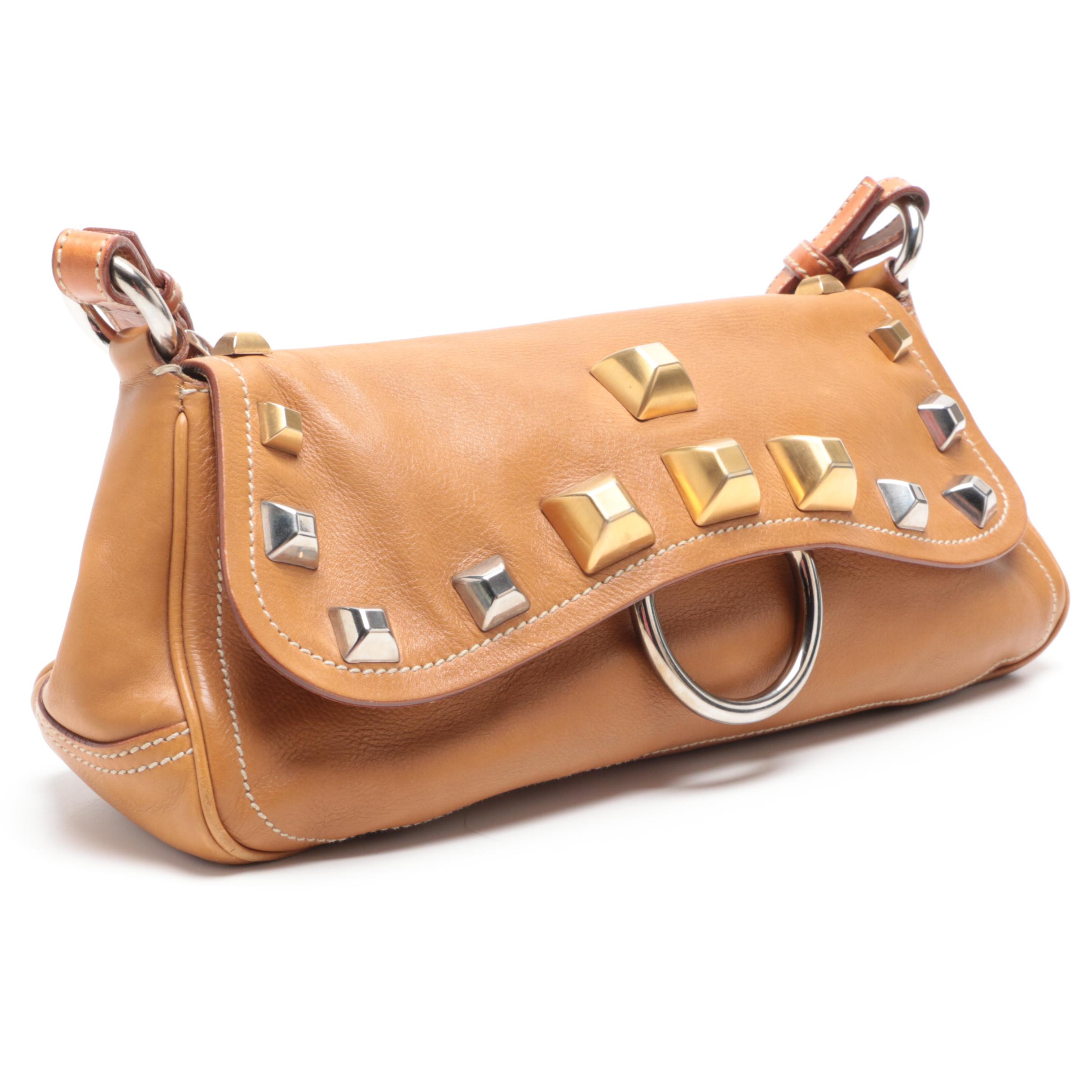 Prada Tan Leather Shoulder Bag with Two-Tone Pyramid Studded Accents
