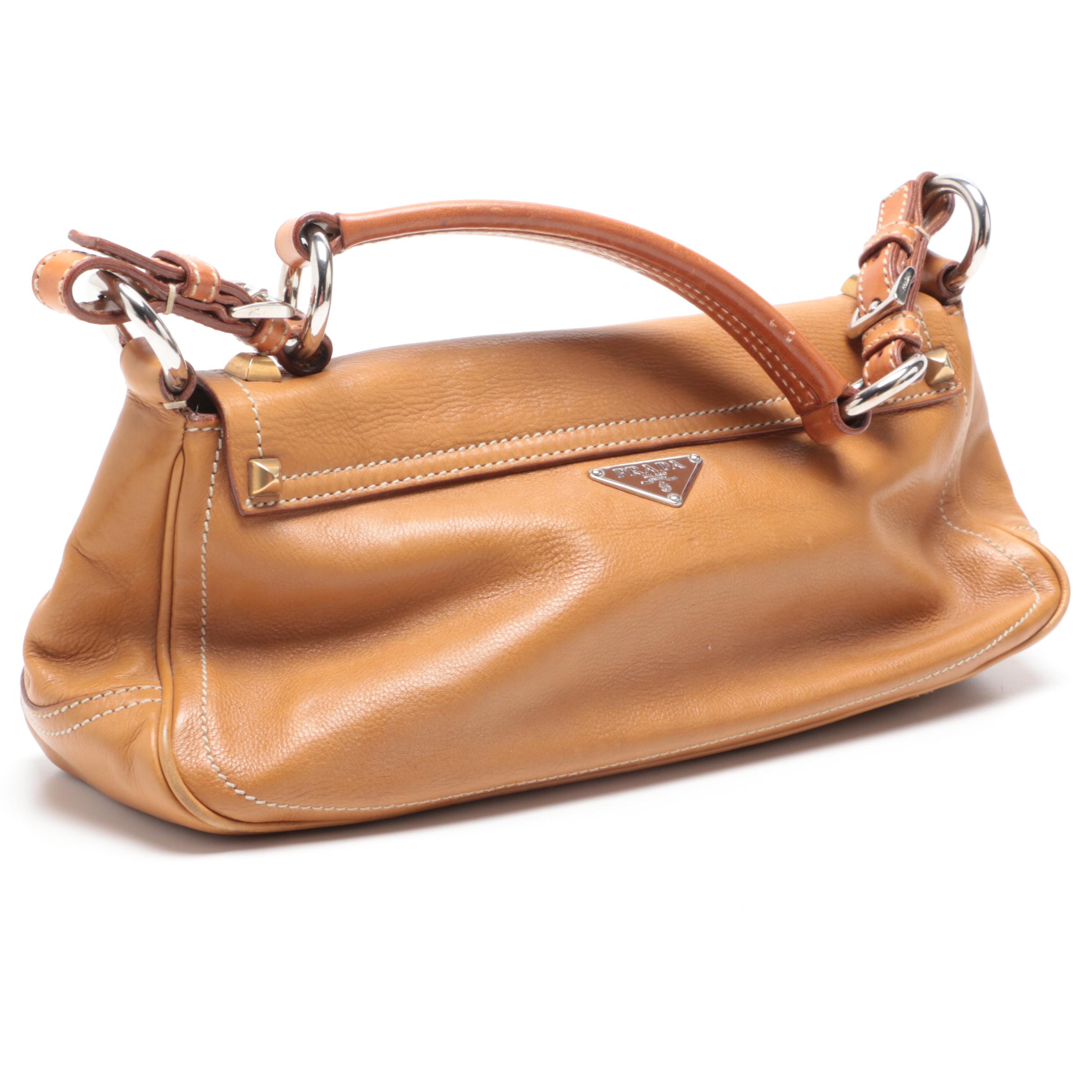 Prada Tan Leather Shoulder Bag with Two-Tone Pyramid Studded Accents