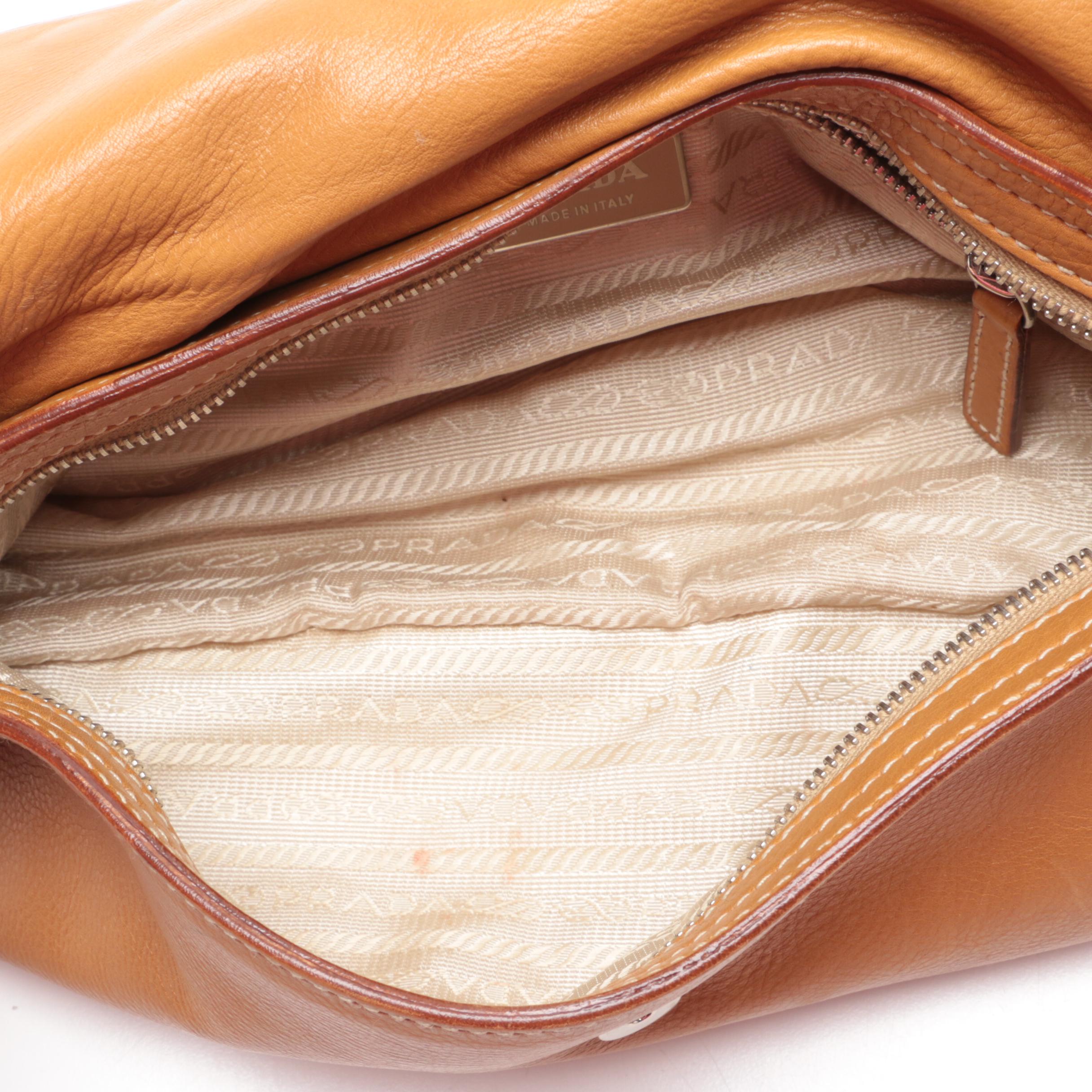 Prada Tan Leather Shoulder Bag with Two-Tone Pyramid Studded Accents