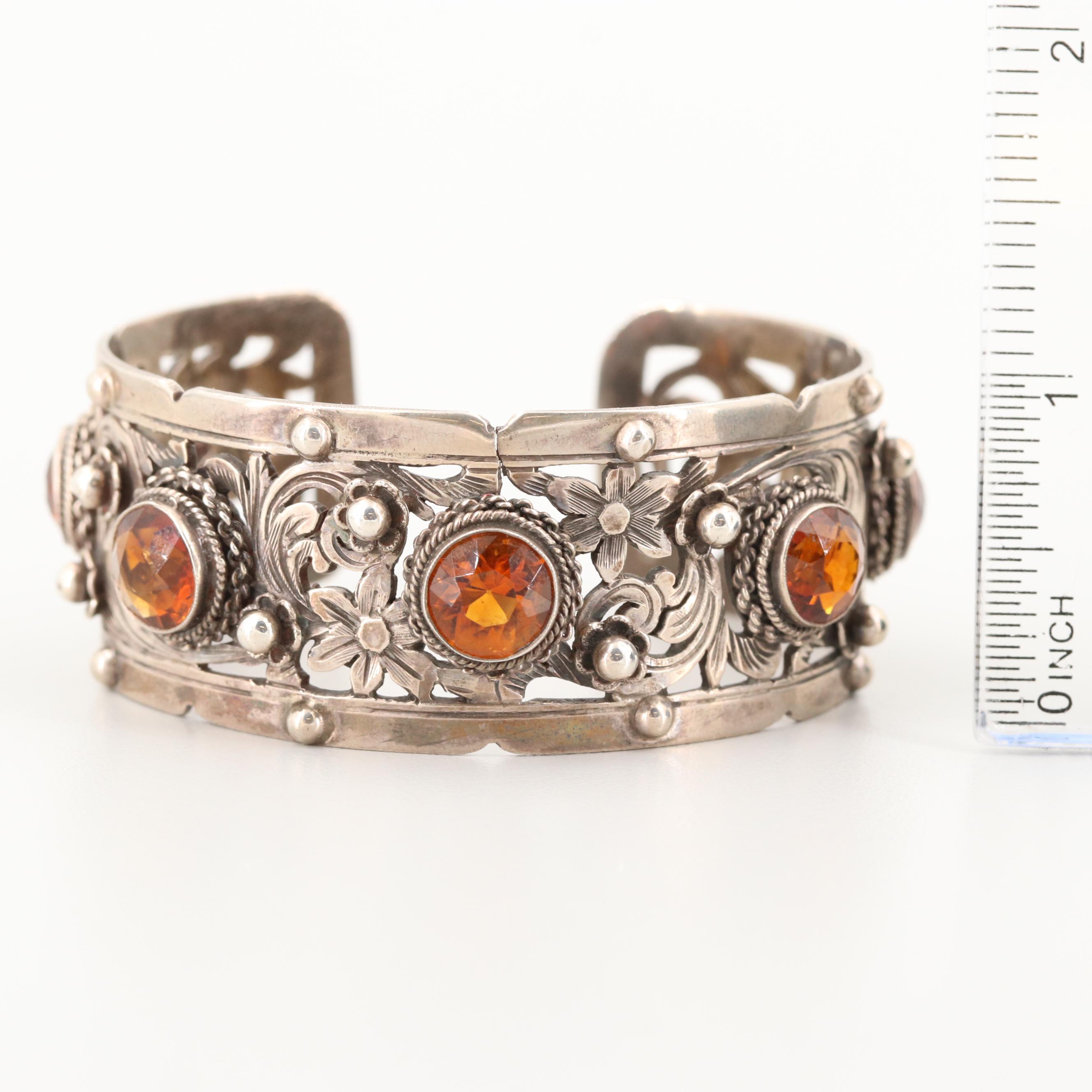Vintage Peruzzi Hand Engraved 800 Silver Citrine Cuff Bracelet