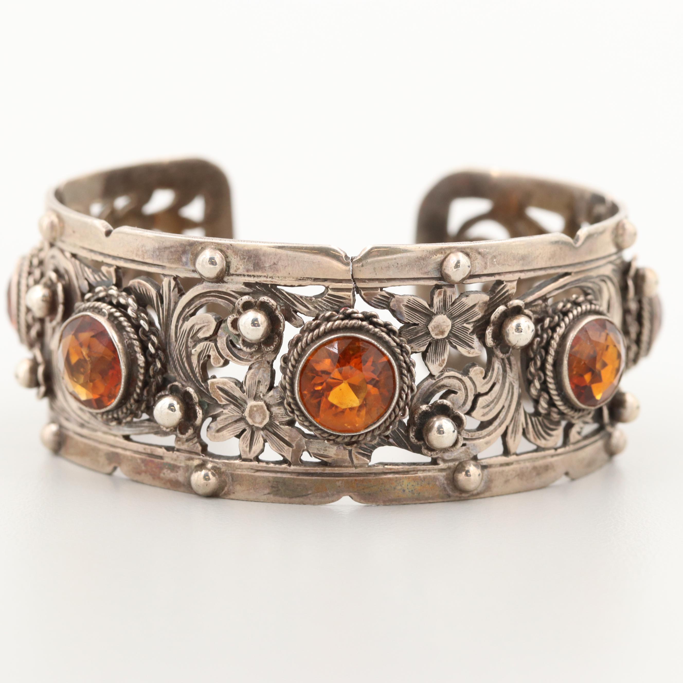 Vintage Peruzzi Hand Engraved 800 Silver Citrine Cuff Bracelet